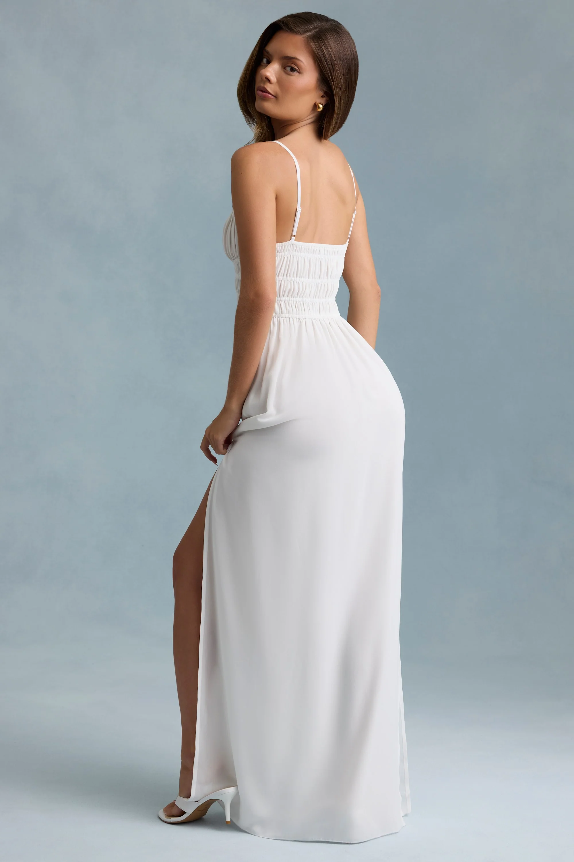 Shirred Camisole Maxi Dress in White - TREBLEV