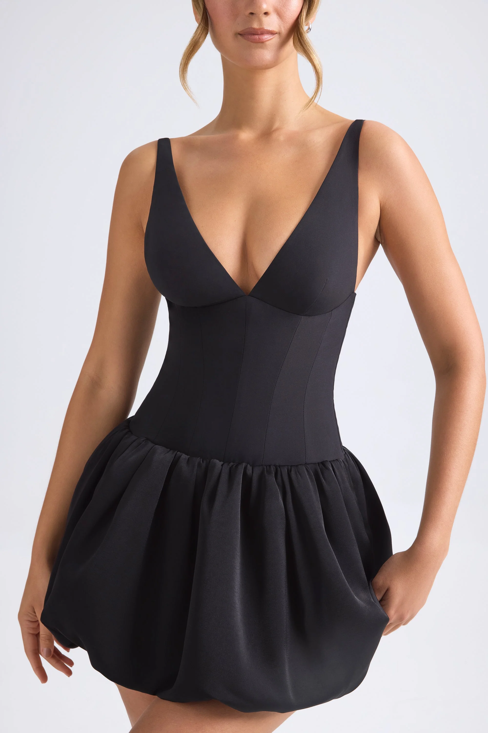 Lace-Up Bubble Hem Corset Micro Mini Dress in Black - TREBLEV