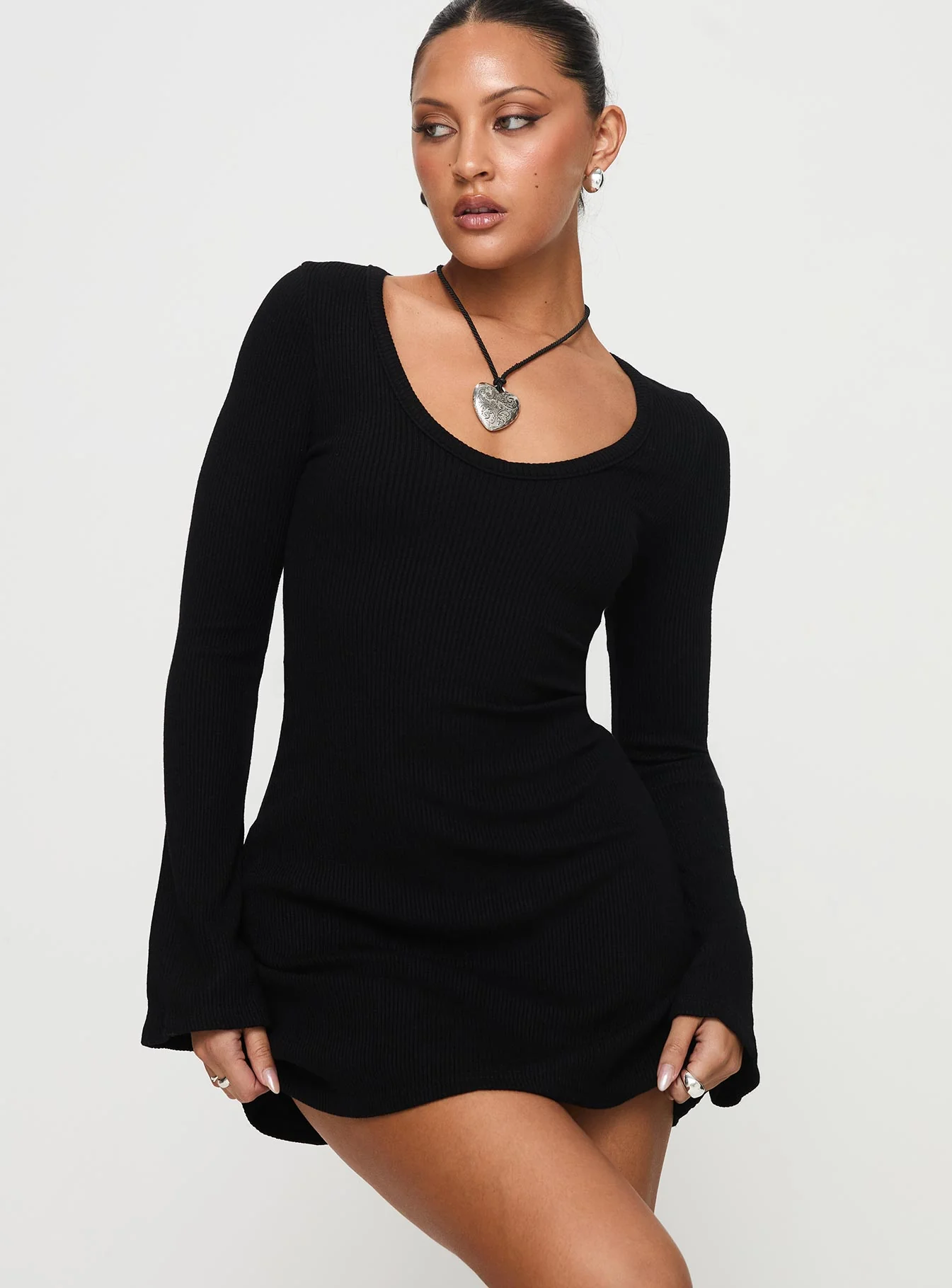 Best Interest Long Sleeve Mini Dress Black Tall - TREBLEV