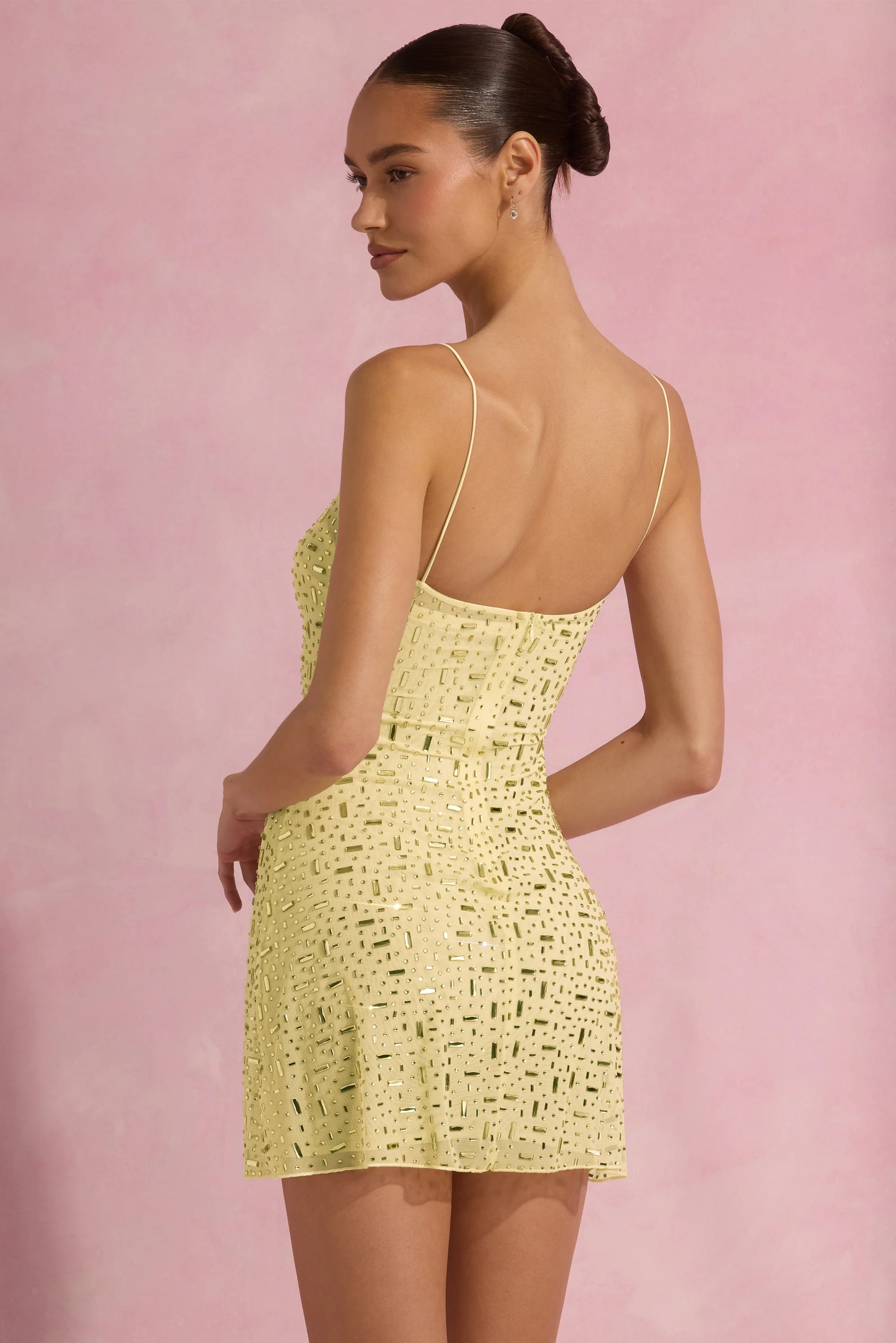Sheer Embellished Square-Neck Mini Dress in Yellow - TREBLEV