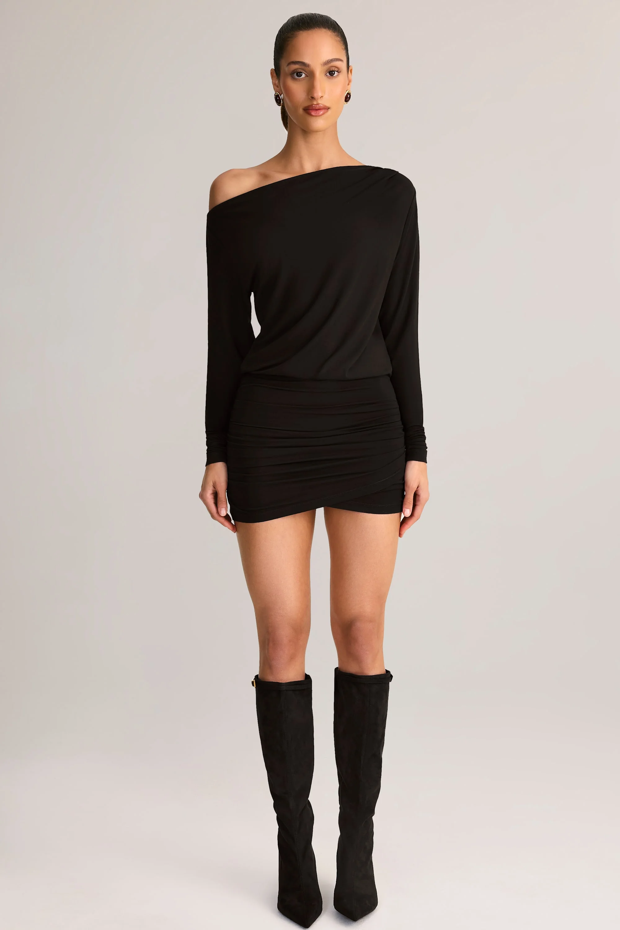 Modal Off-Shoulder Mini Dress in Black - TREBLEV