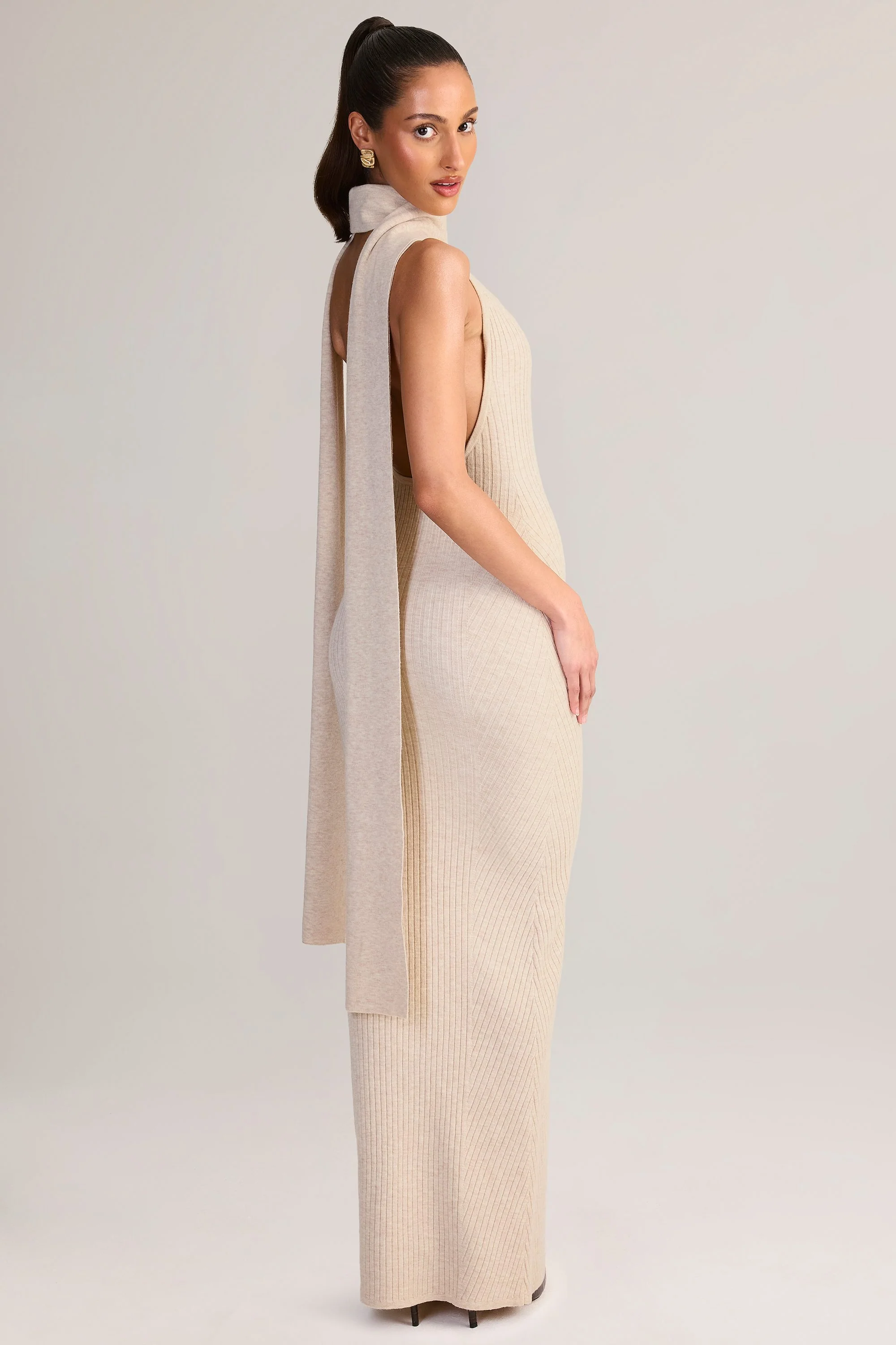 Knit Scarf-Detail Halterneck Maxi Dress in Cream - TREBLEV