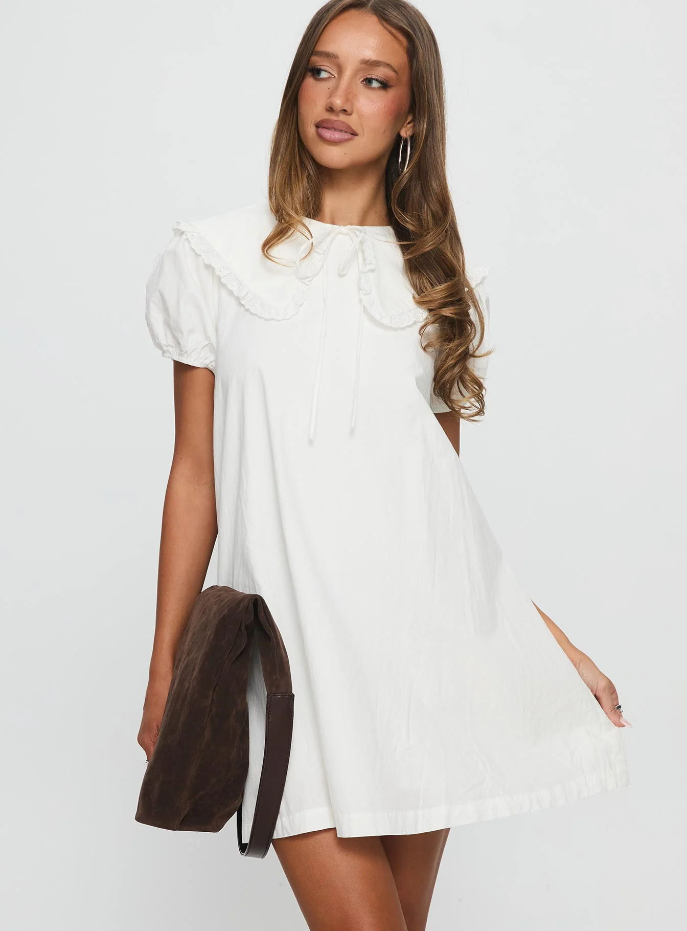 Roseprick Puff Sleeve Babydoll Dress White - TREBLEV