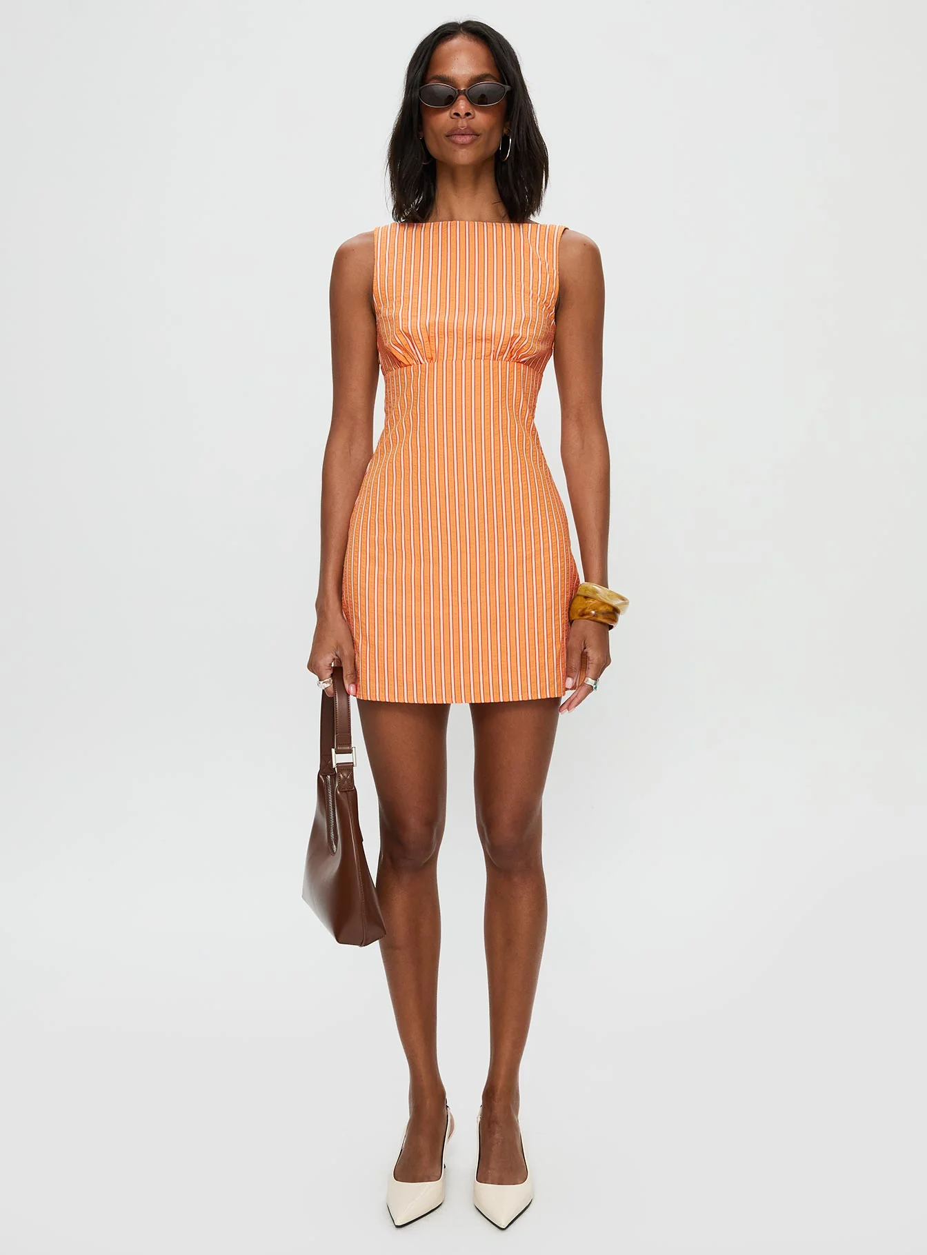Ellesandra Boat Neck Mini Dress Orange Stripe - TREBLEV
