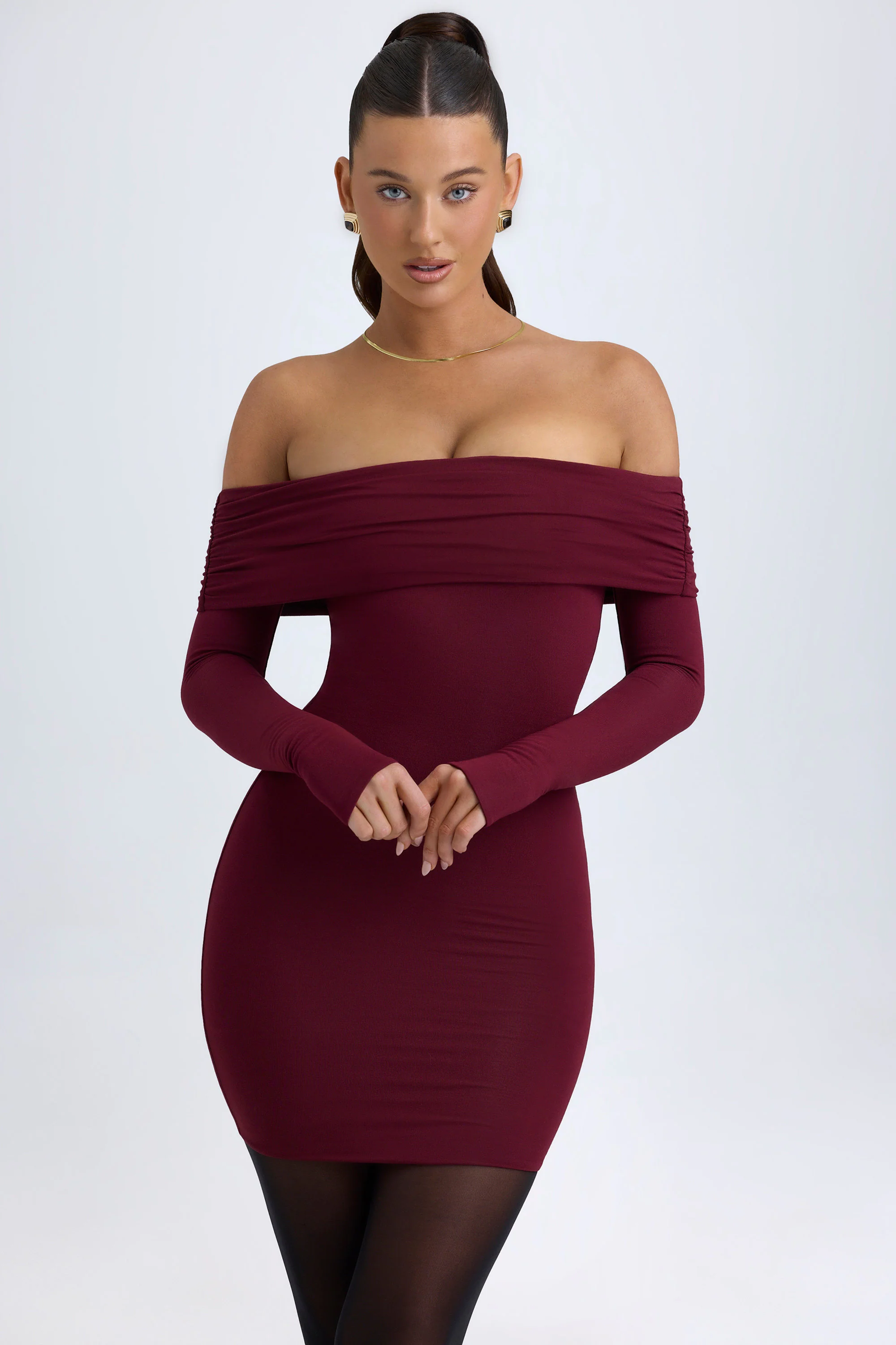 Modal Off-Shoulder Mini Dress in Wine Red - TREBLEV