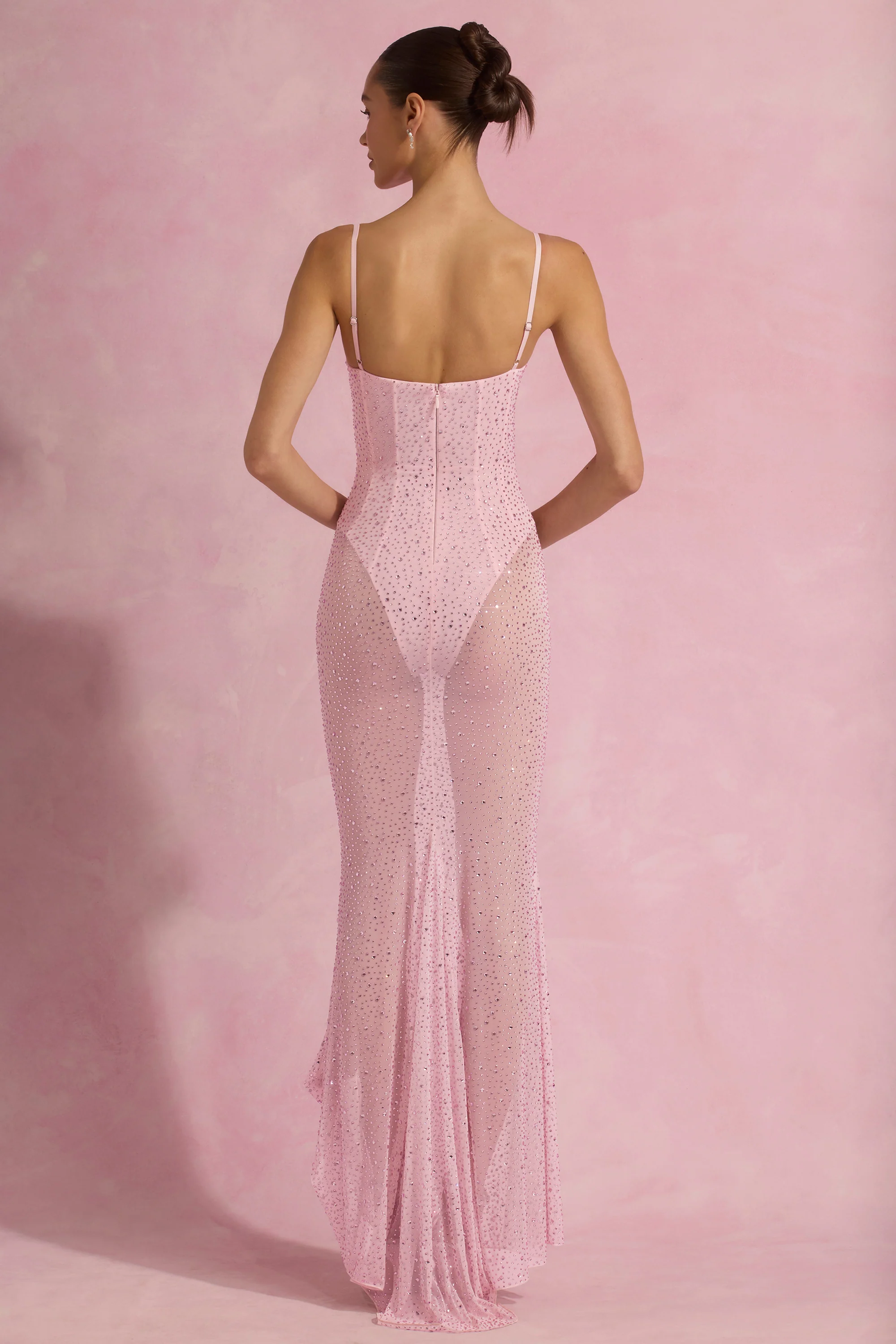 Semi-Sheer Embellished Corset Gown in Pink - TREBLEV