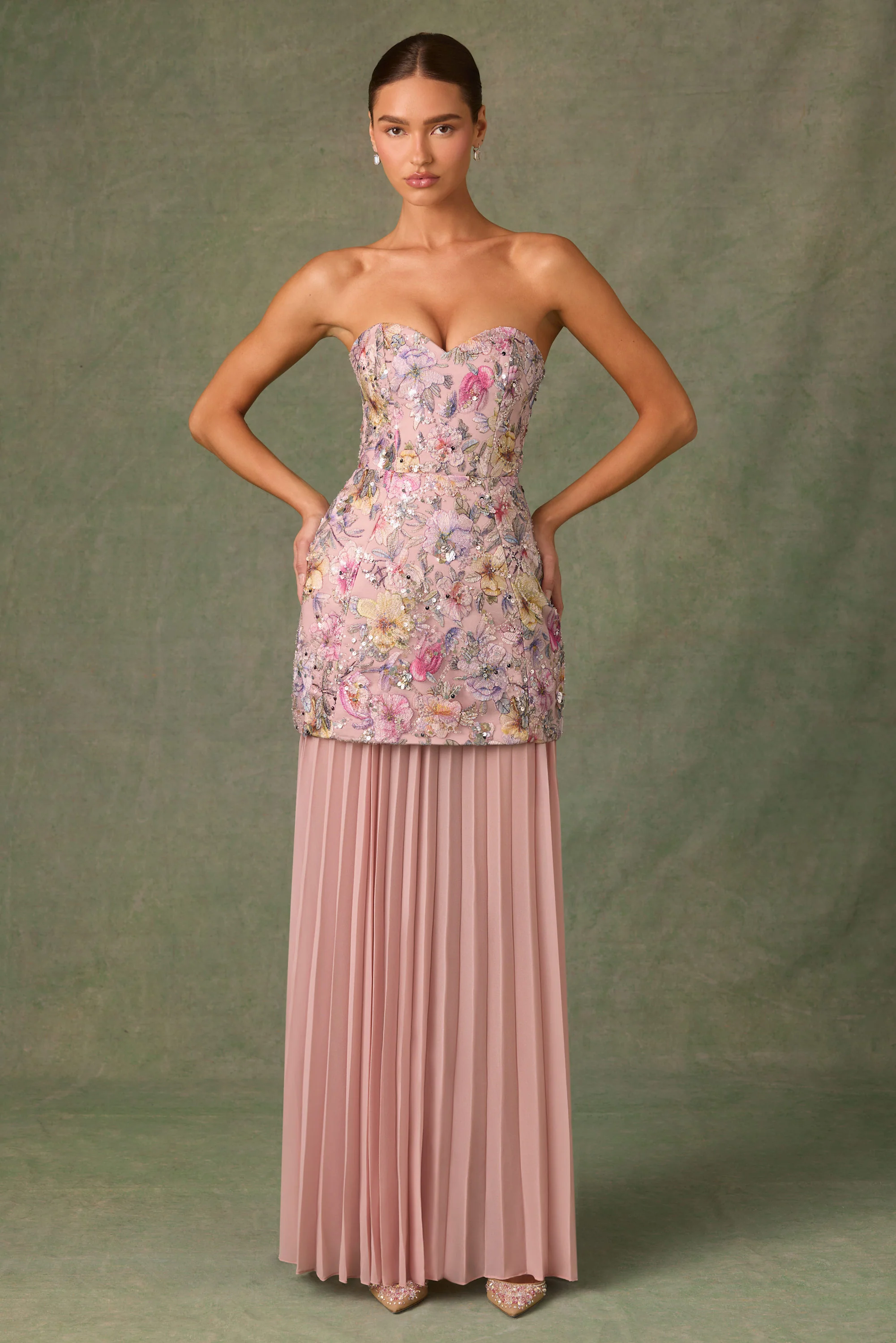 Embellished Convertible Lace-Up Gown in Floral Pink - TREBLEV