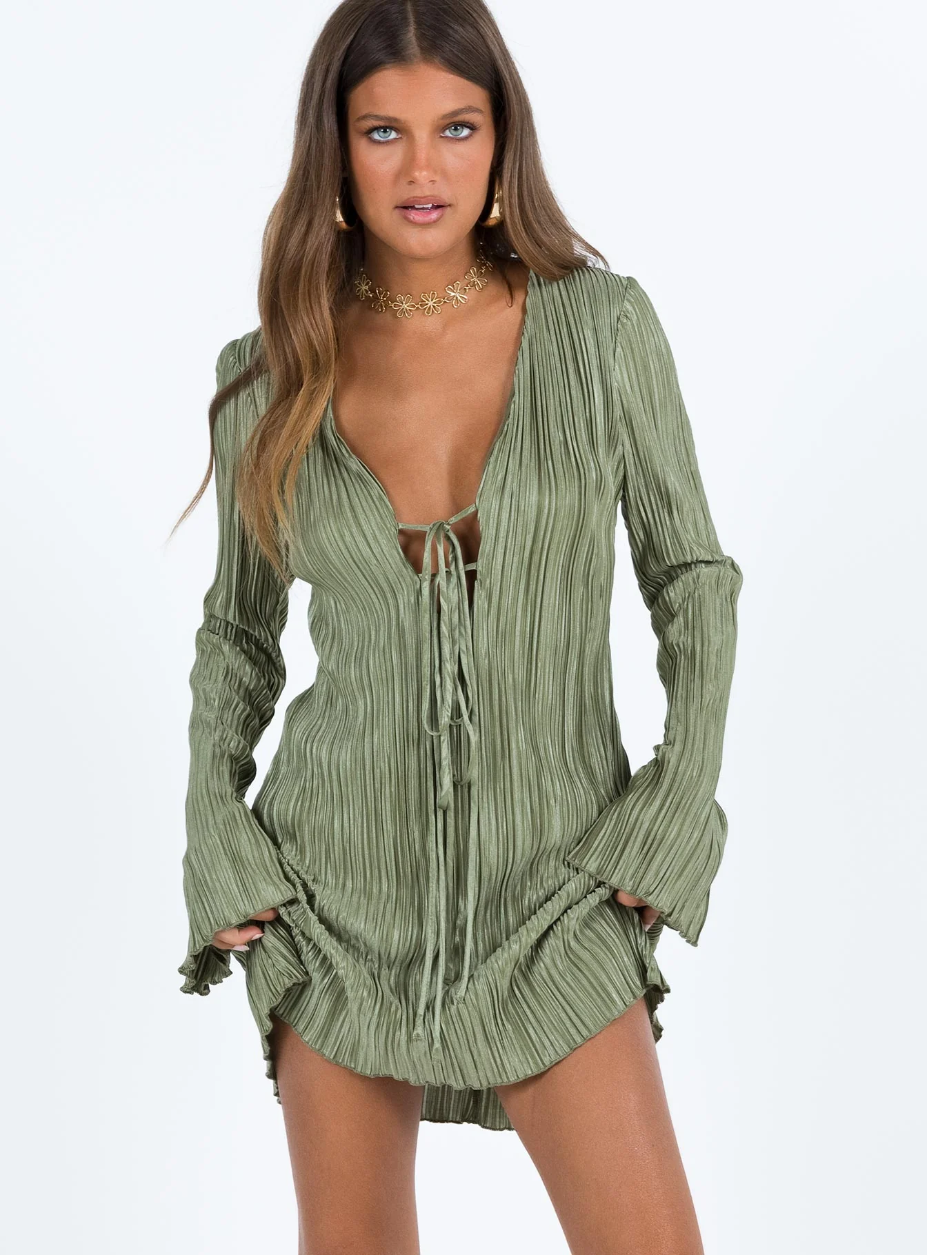 Malop Long Sleeve Mini Dress Sage - TREBLEV