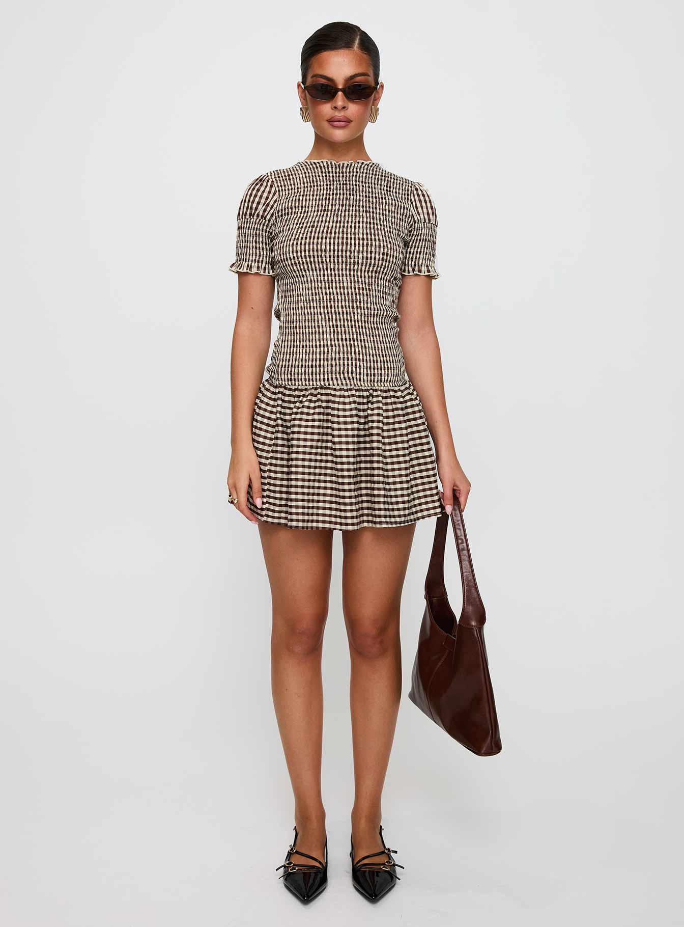 Laurita Shirred Mini Dress Brown Check - TREBLEV