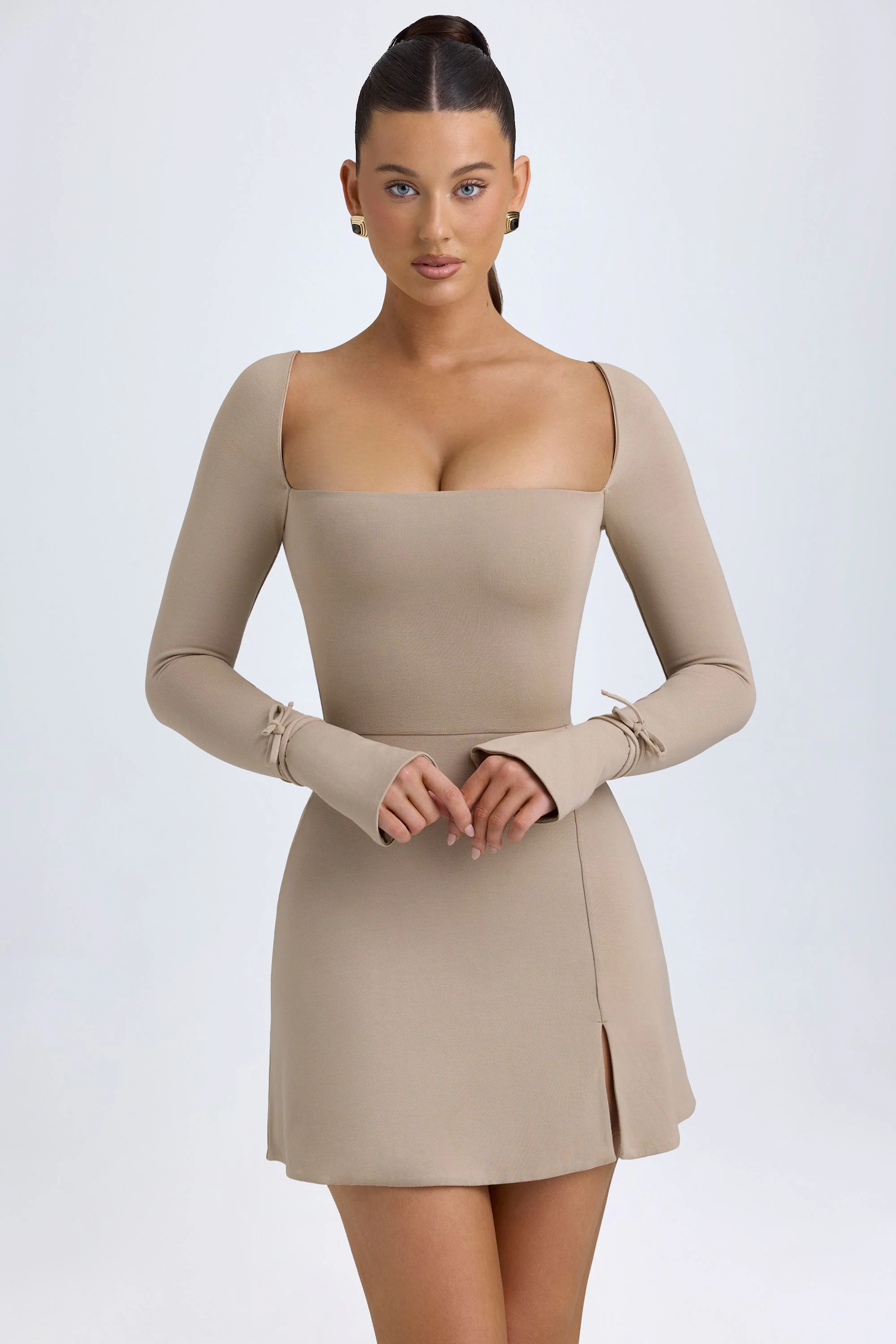 Square Neck Long Sleeve Mini Dress in Taupe - TREBLEV