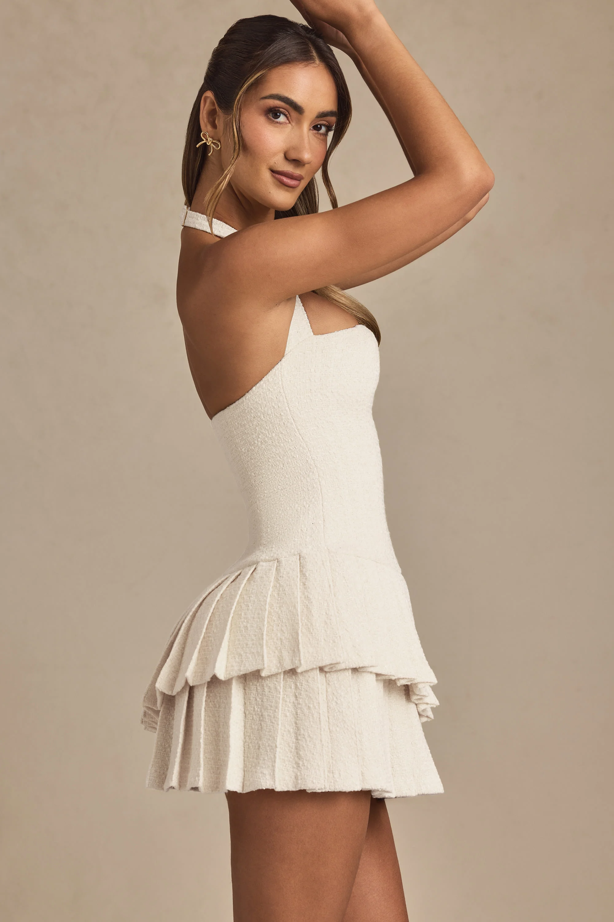 Asymmetric Layered Halterneck Mini Dress in Ivory - TREBLEV