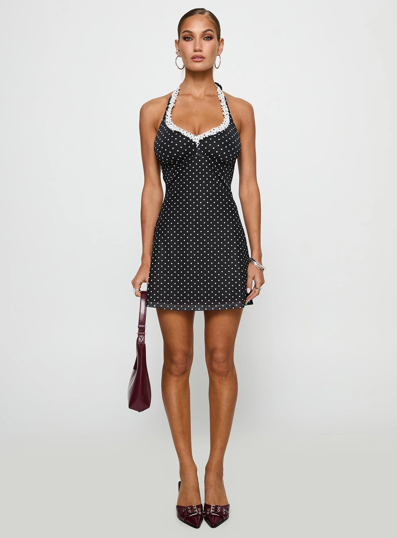 Black Beauty Halter Mini Dress Black / Polka - TREBLEV