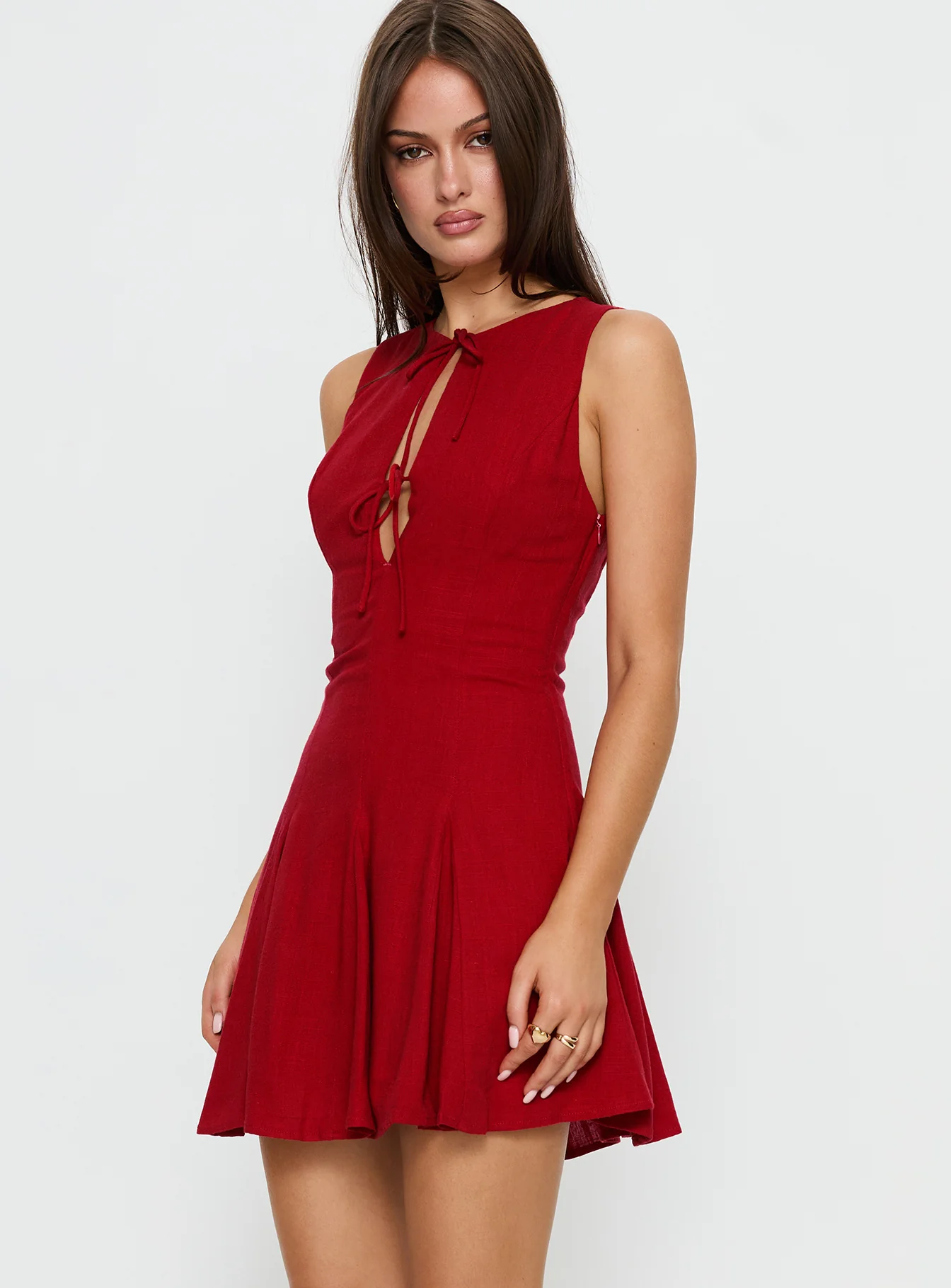 Aeryn Tie Front Mini Dress Red - TREBLEV