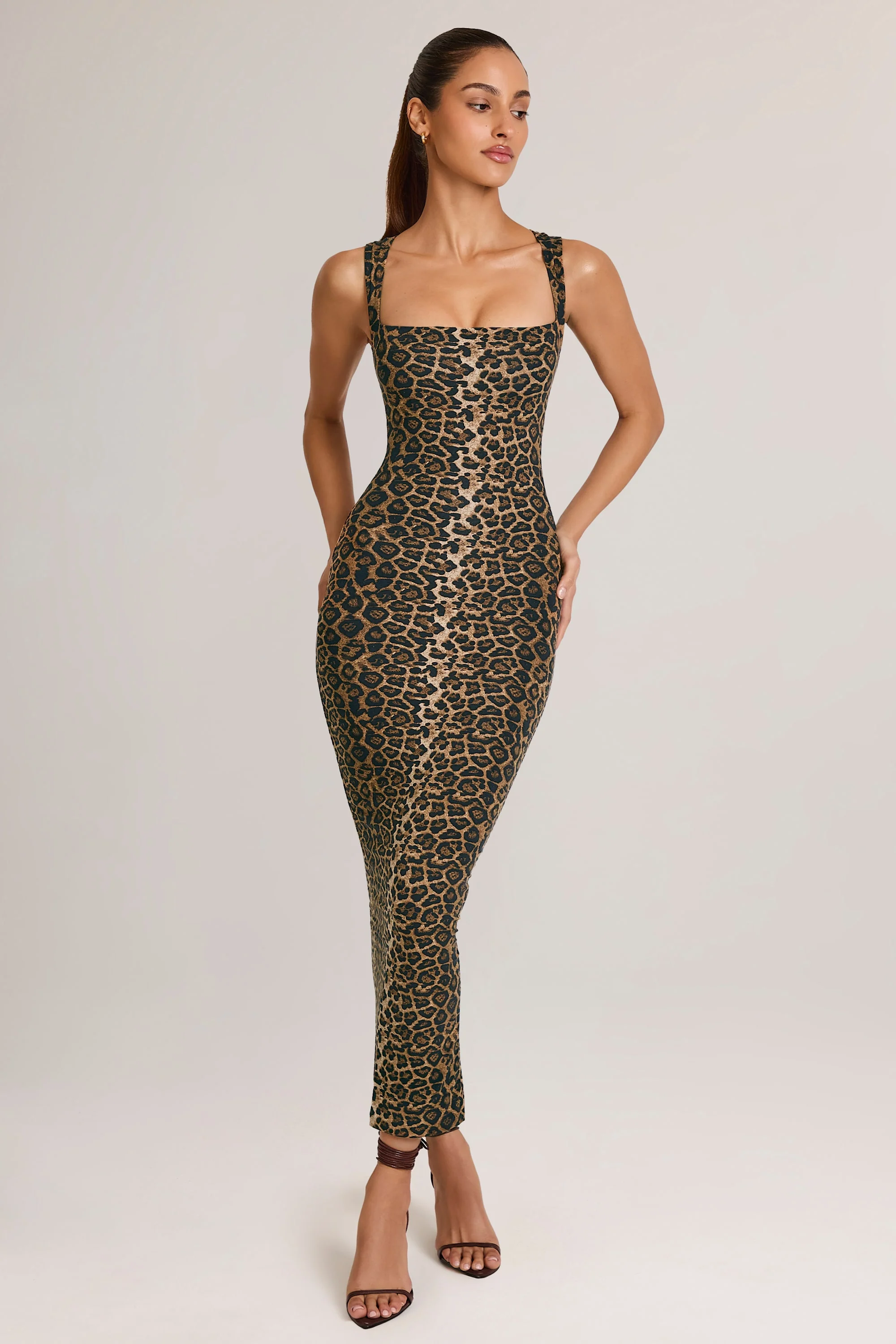 Modal Square-Neck Bodycon Midi Dress in Leopard Print - TREBLEV