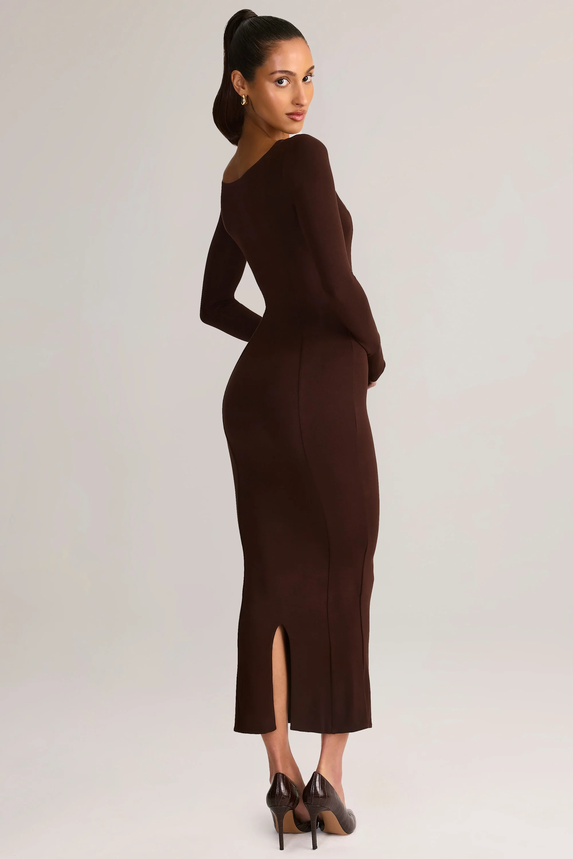 Modal Peekaboo Long-Sleeve Midi Dress in Chocolate Brown - TREBLEV
