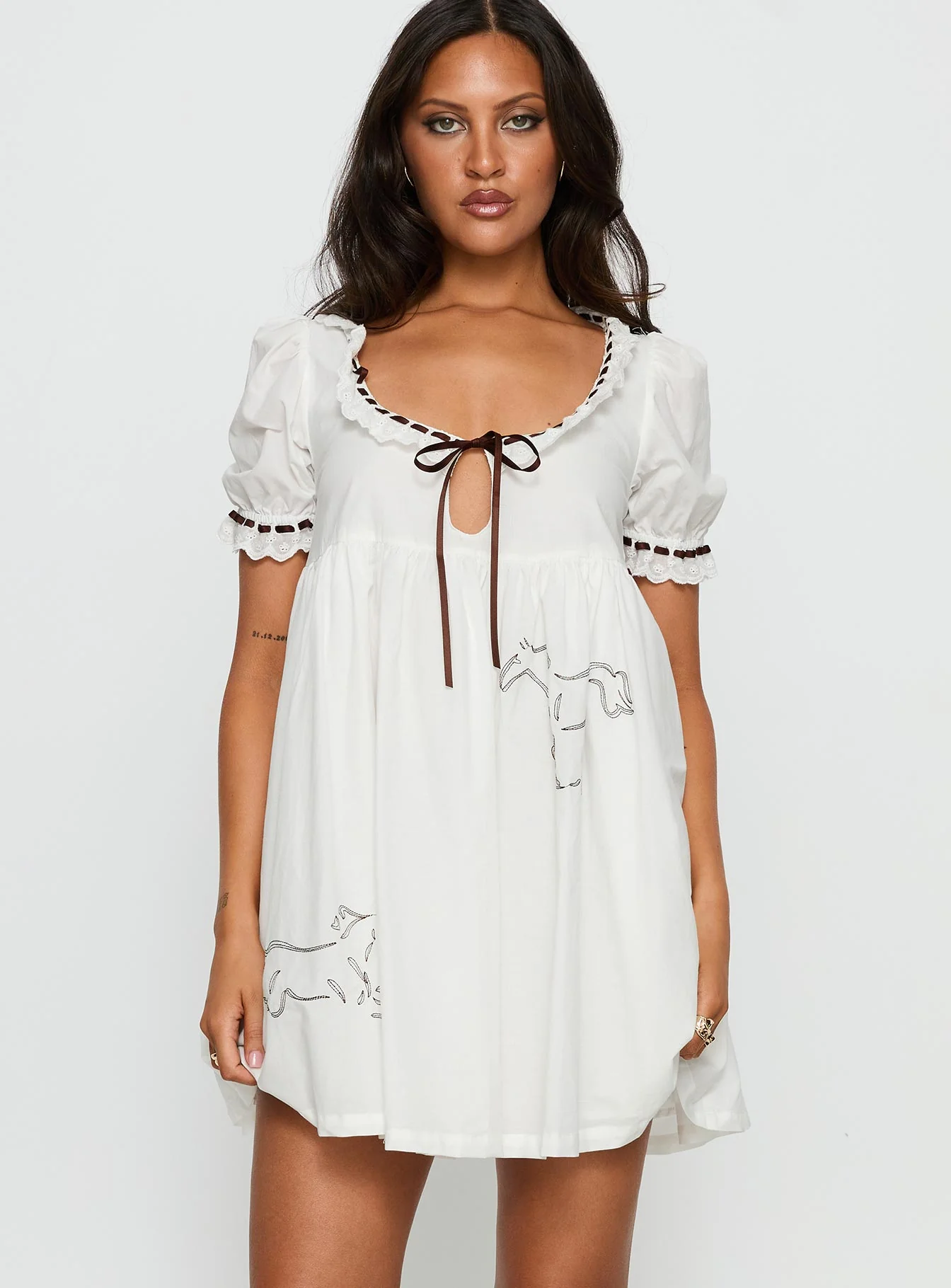 Cloudy Babydoll Contrast Trim Mini Dress White - TREBLEV