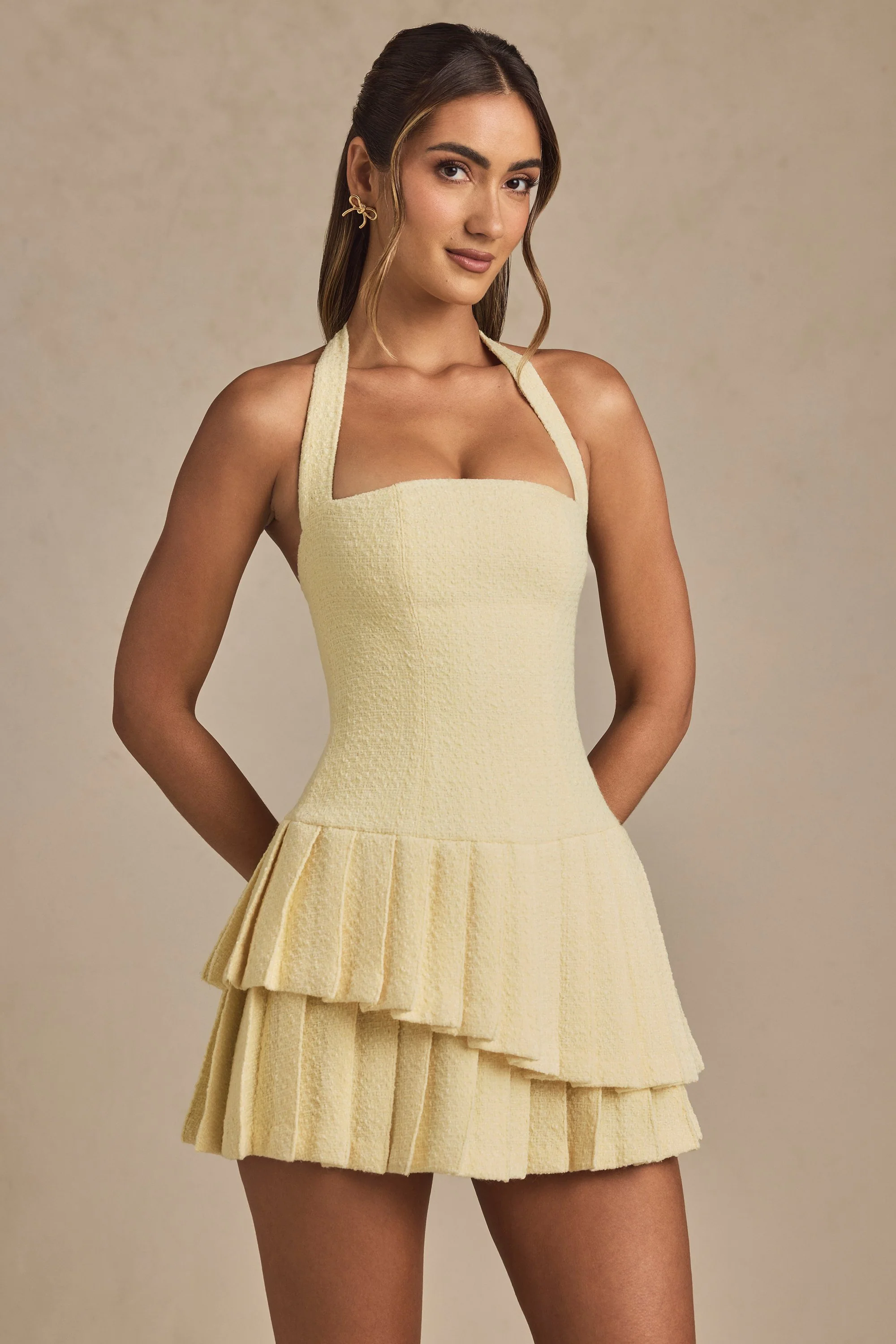 Asymmetric Layered Halterneck Mini Dress in Pastel Yellow - TREBLEV