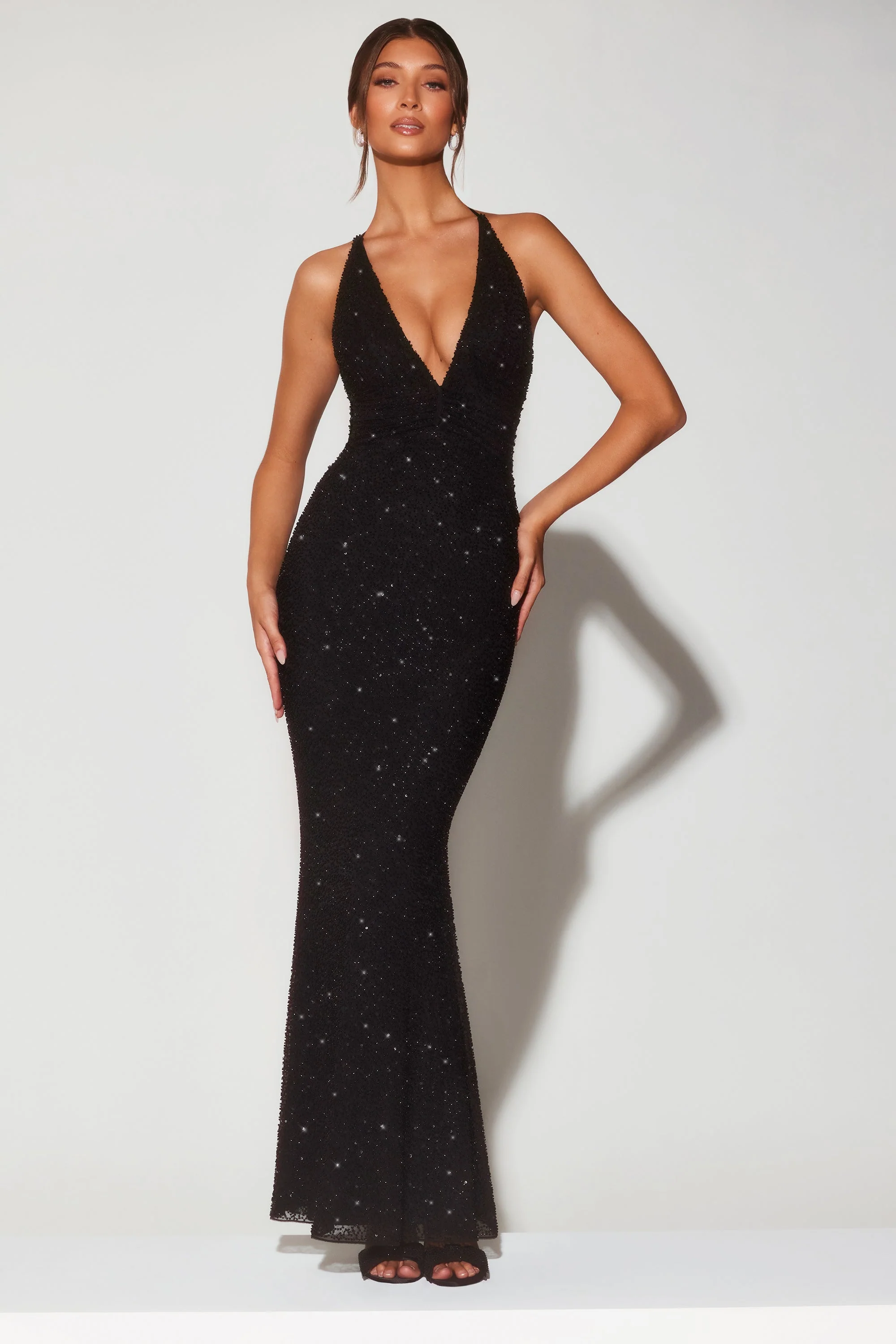 Embellished Plunge Halter Neck Evening Gown in Black - TREBLEV