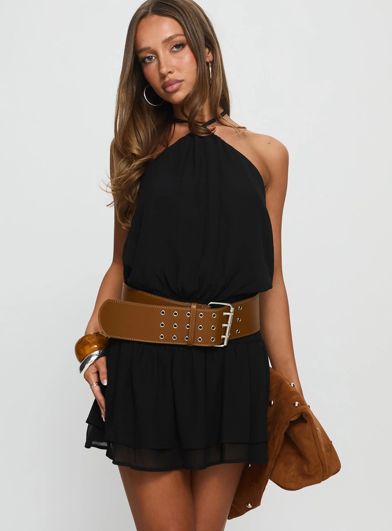 Khamira Halter Shirred Mini Dress Black - TREBLEV