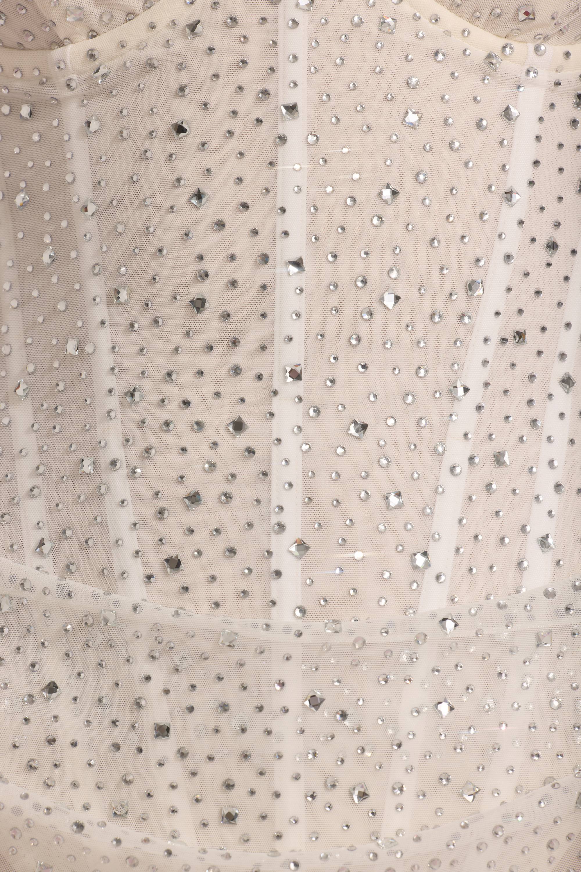 Semi-Sheer Embellished Draped Corset Mini Dress in White - TREBLEV