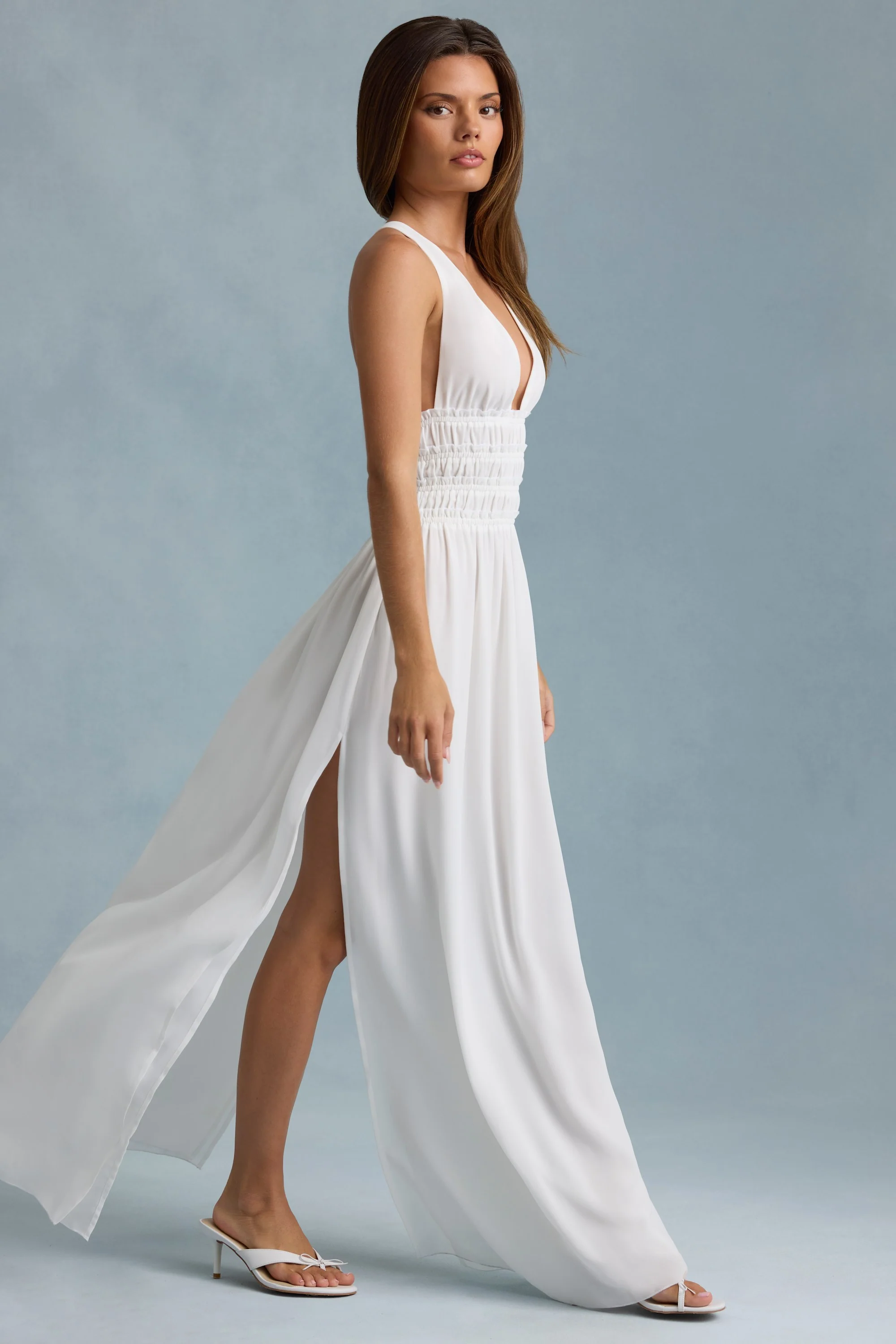 Plunge Cross-Back Maxi Dress in White - TREBLEV