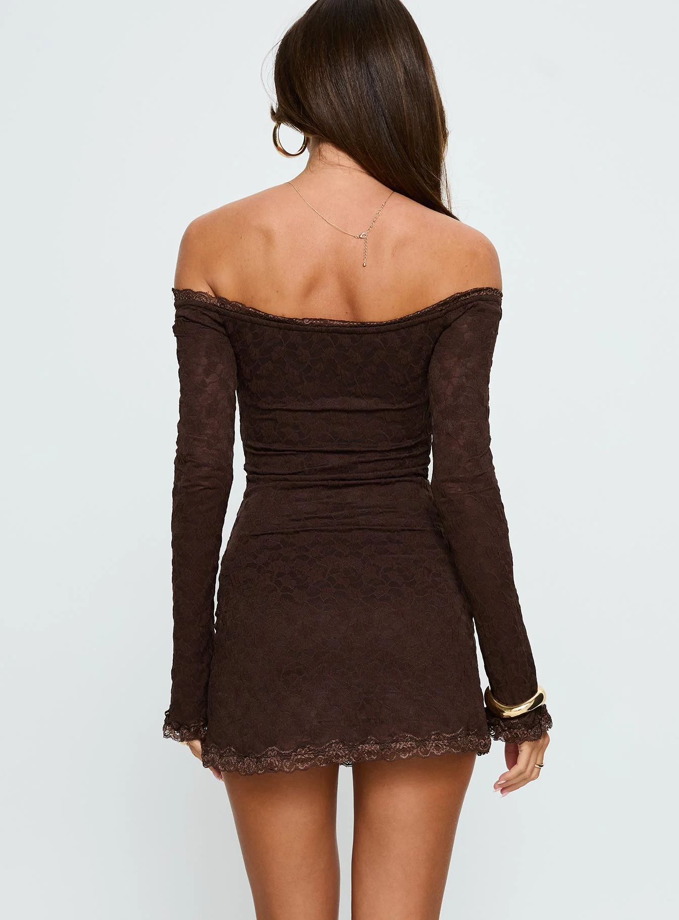 Avenues Long Sleeve Lace Mini Dress Chocolate - TREBLEV