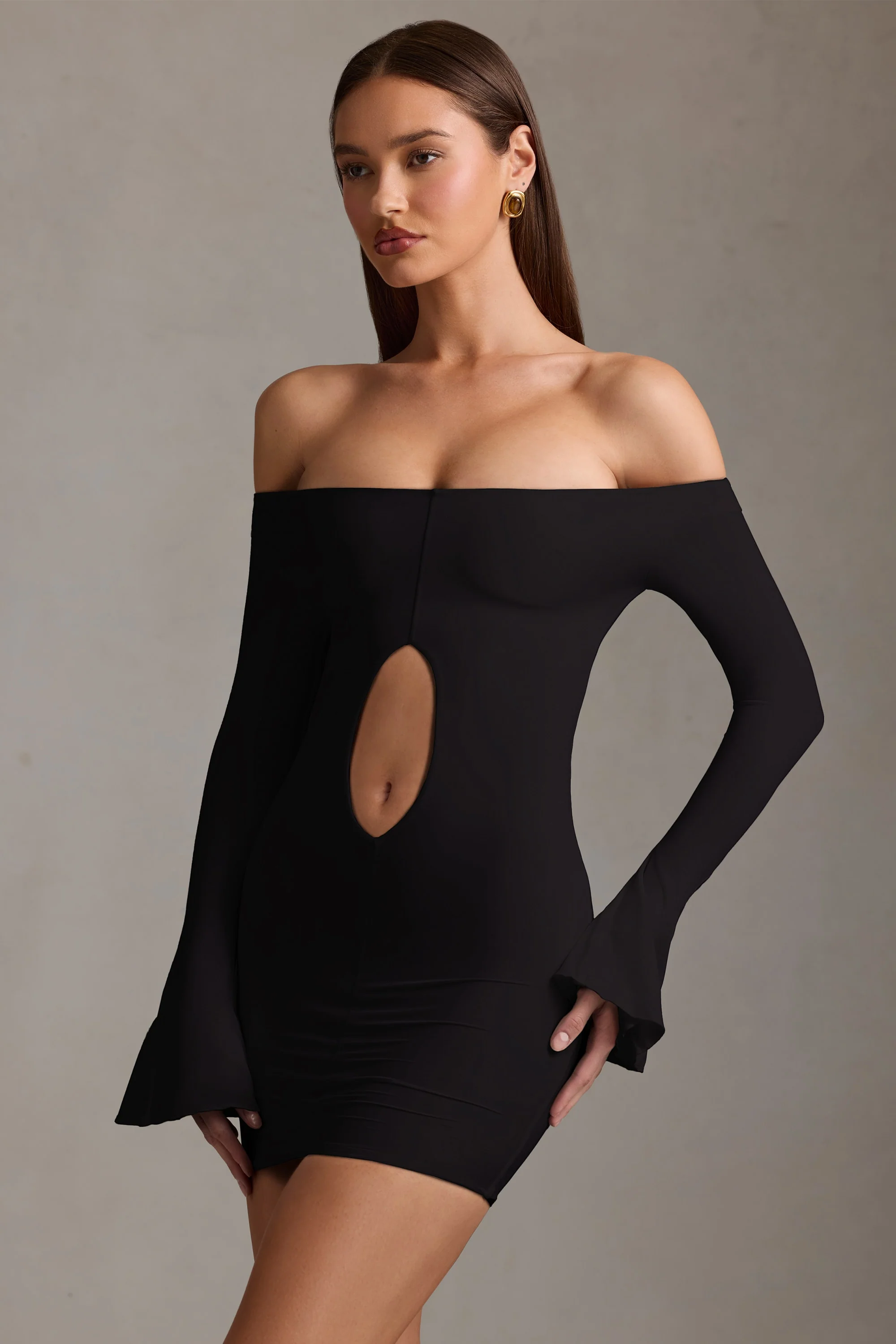 Off-Shoulder Cut-Out Mini Dress in Black - TREBLEV