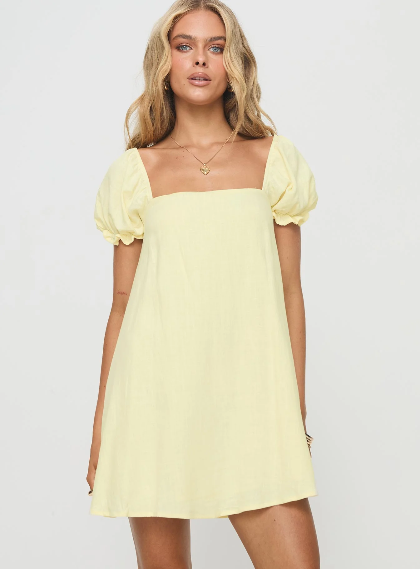 Beyond Linen Blend Mini Dress Yellow - TREBLEV