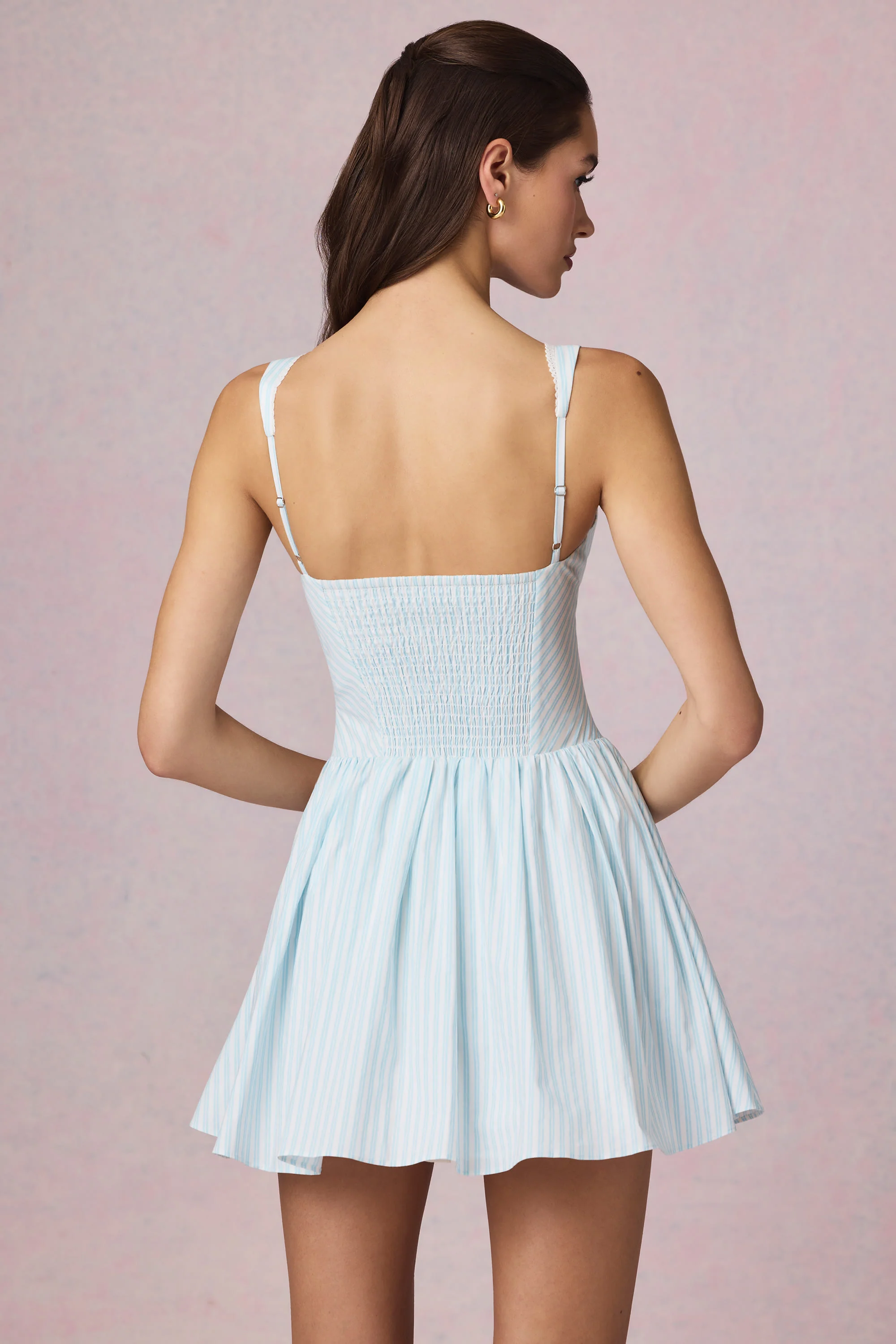 Bow-Detail A-Line Mini Dress in Powder Blue Stripe - TREBLEV
