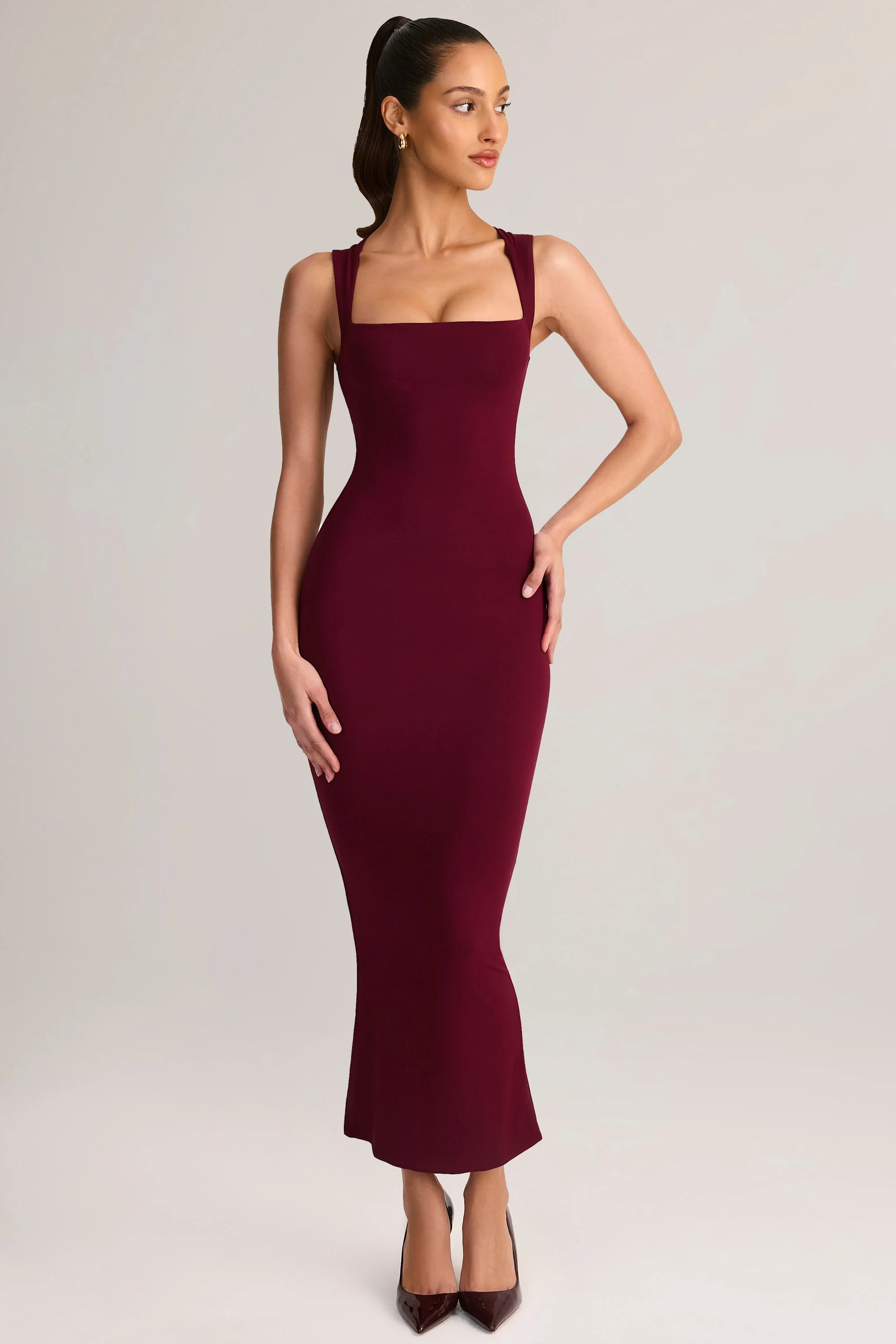 Modal Square-Neck Midi Dress in Wine - TREBLEV