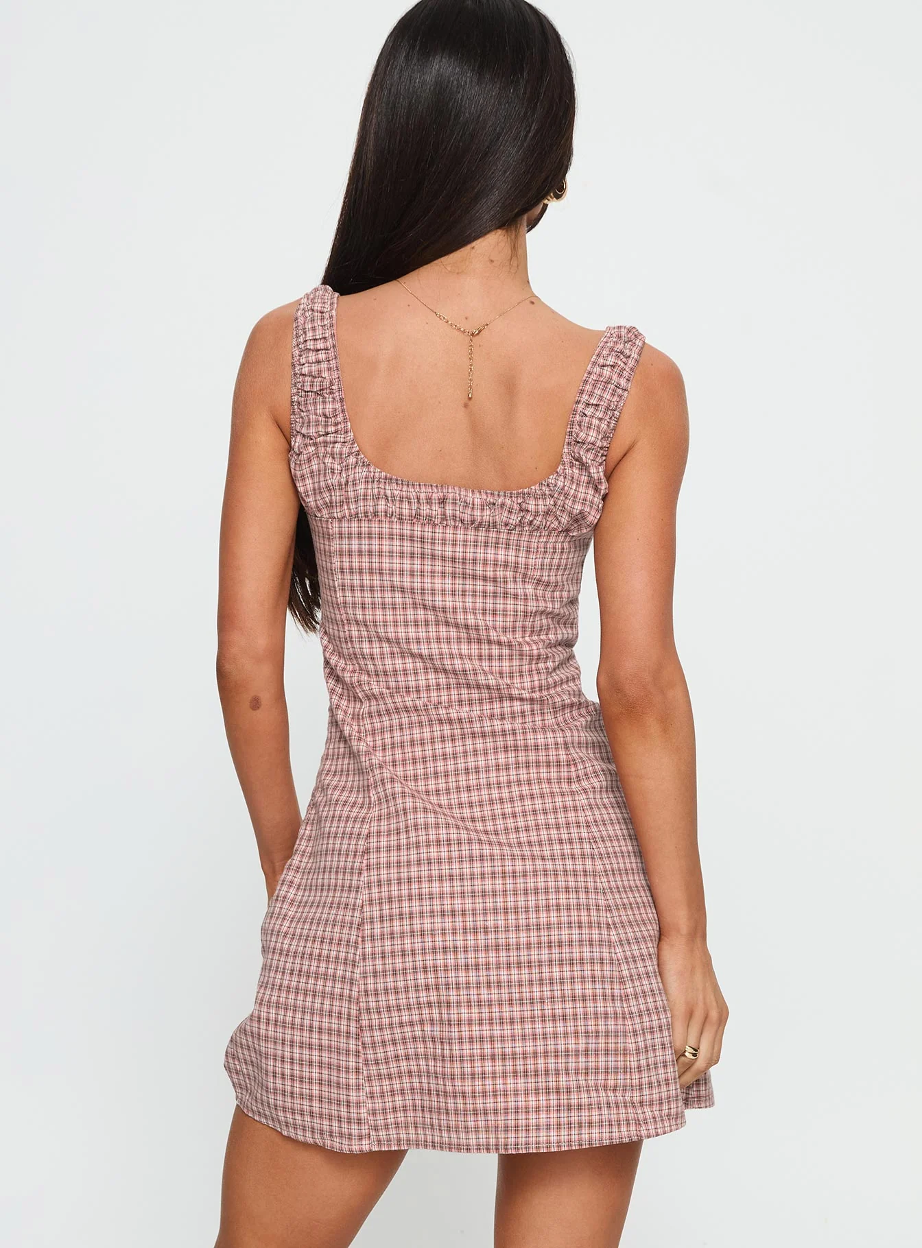 Denley Cinched Mini Dress Pink Check - TREBLEV