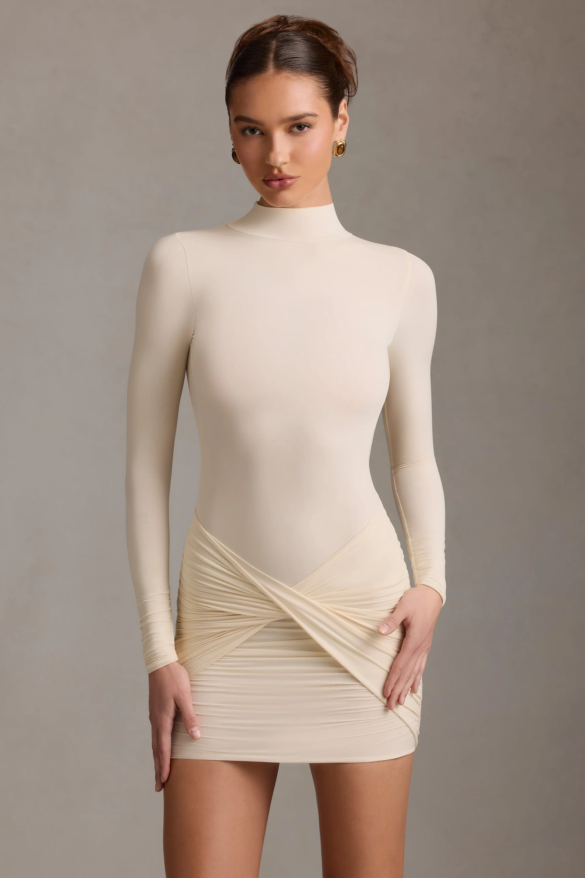 Ruched Backless Turtleneck Mini Dress in Ivory - TREBLEV