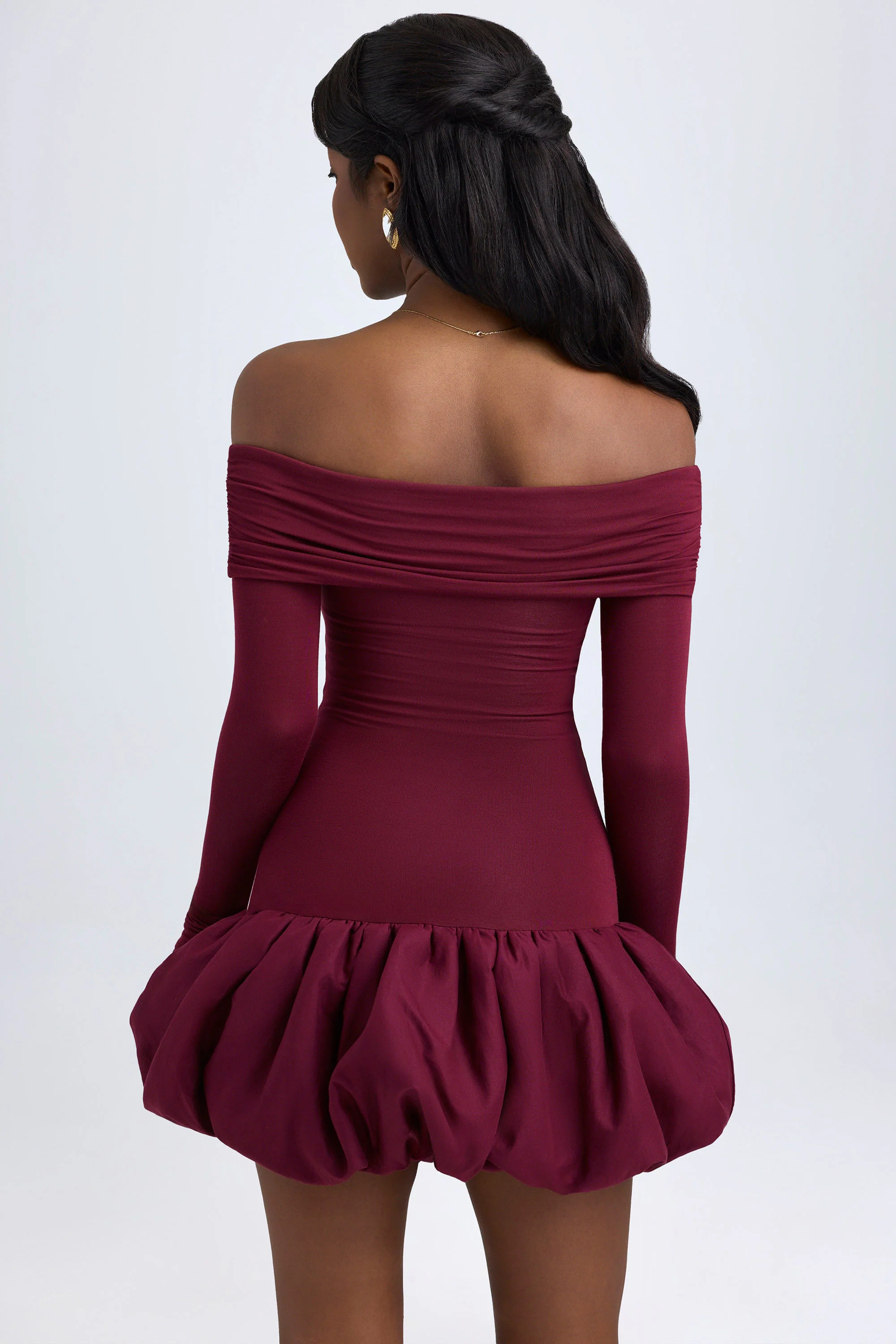 Modal Off-Shoulder Bubble Hem Mini Dress in Wine Red - TREBLEV