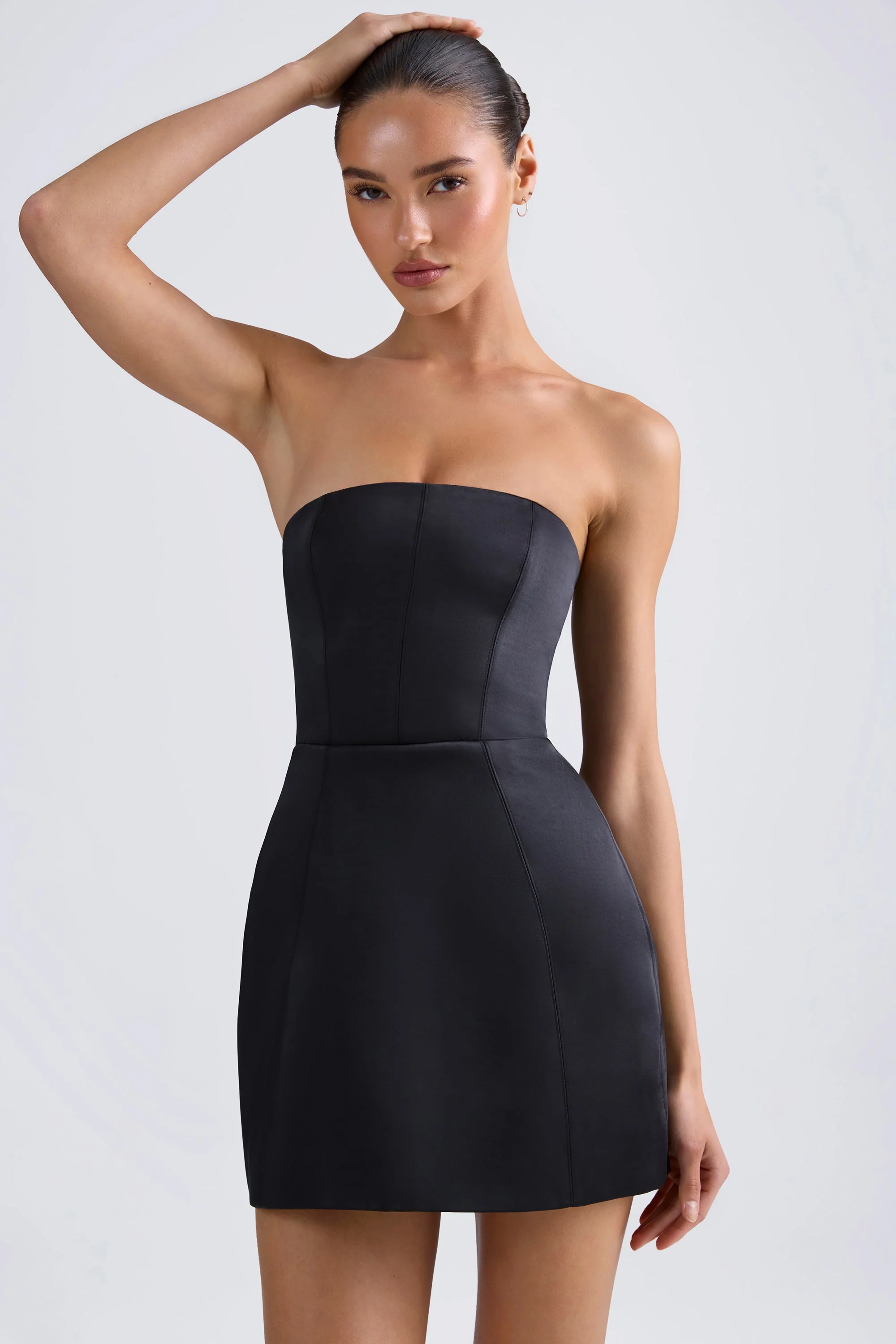 Bandeau Structured Tulip Mini Dress in Black - TREBLEV