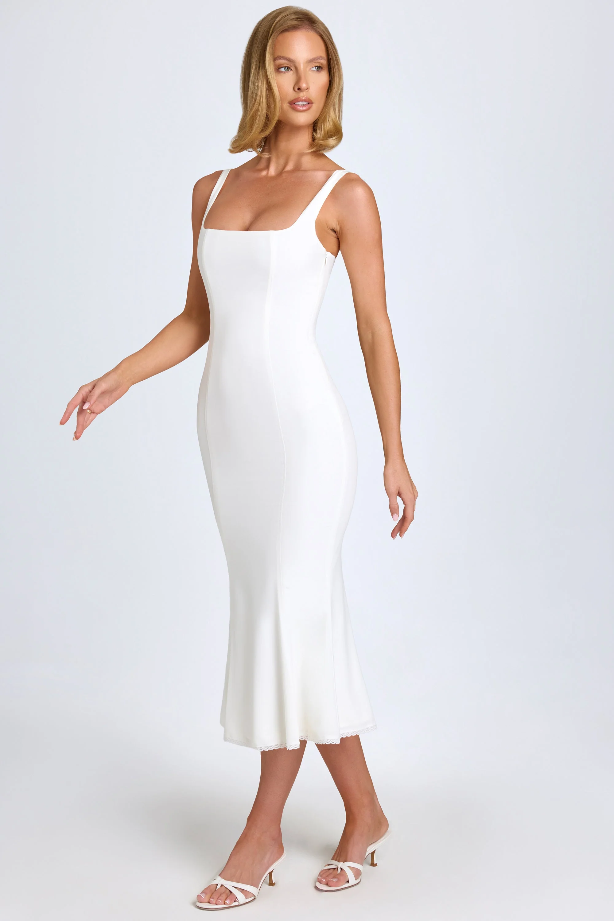 Lace-Trim Midaxi Dress in White - TREBLEV