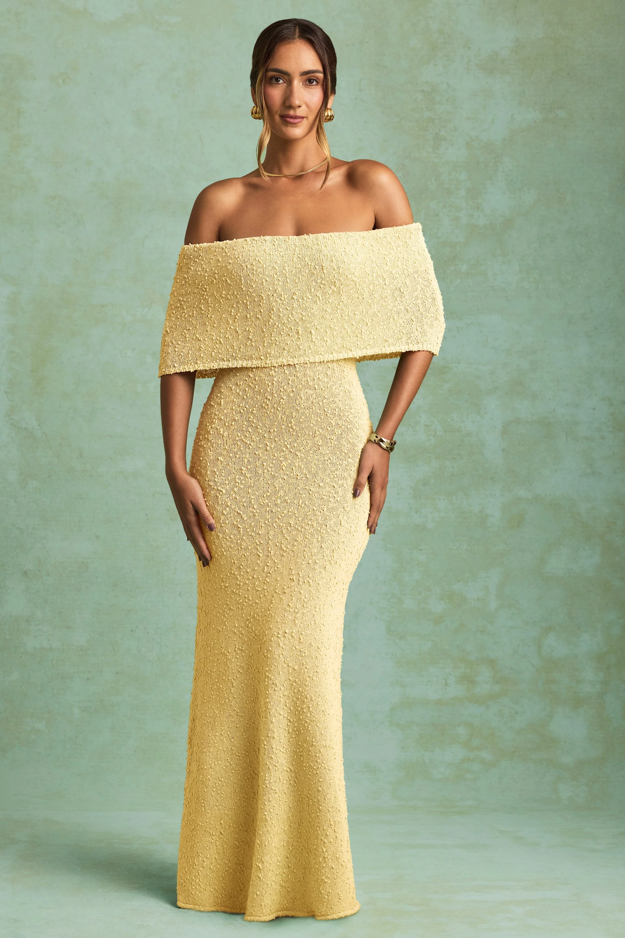 Bouclé Off-Shoulder Maxi Dress in Yellow - TREBLEV