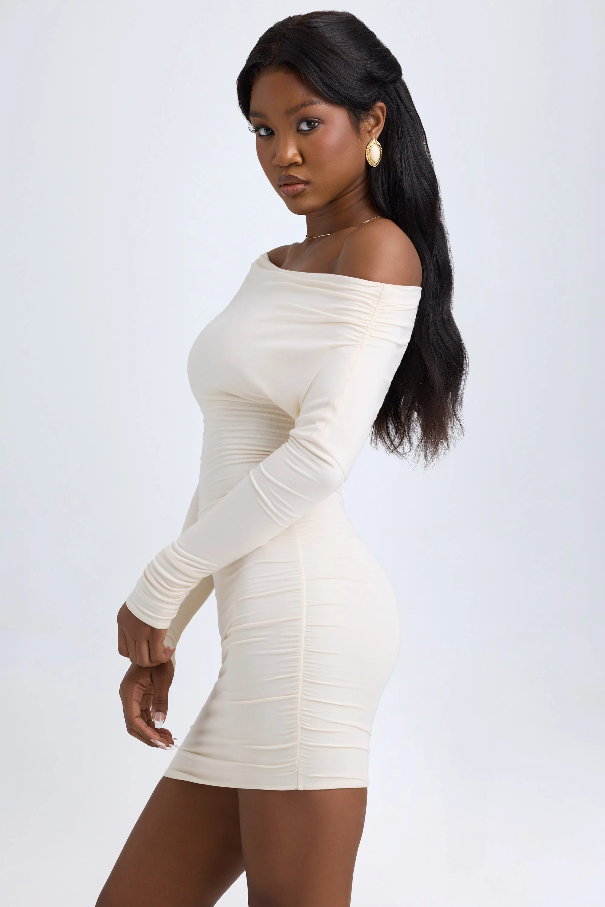 Modal Off-Shoulder Ruched Mini Dress in Ivory - TREBLEV