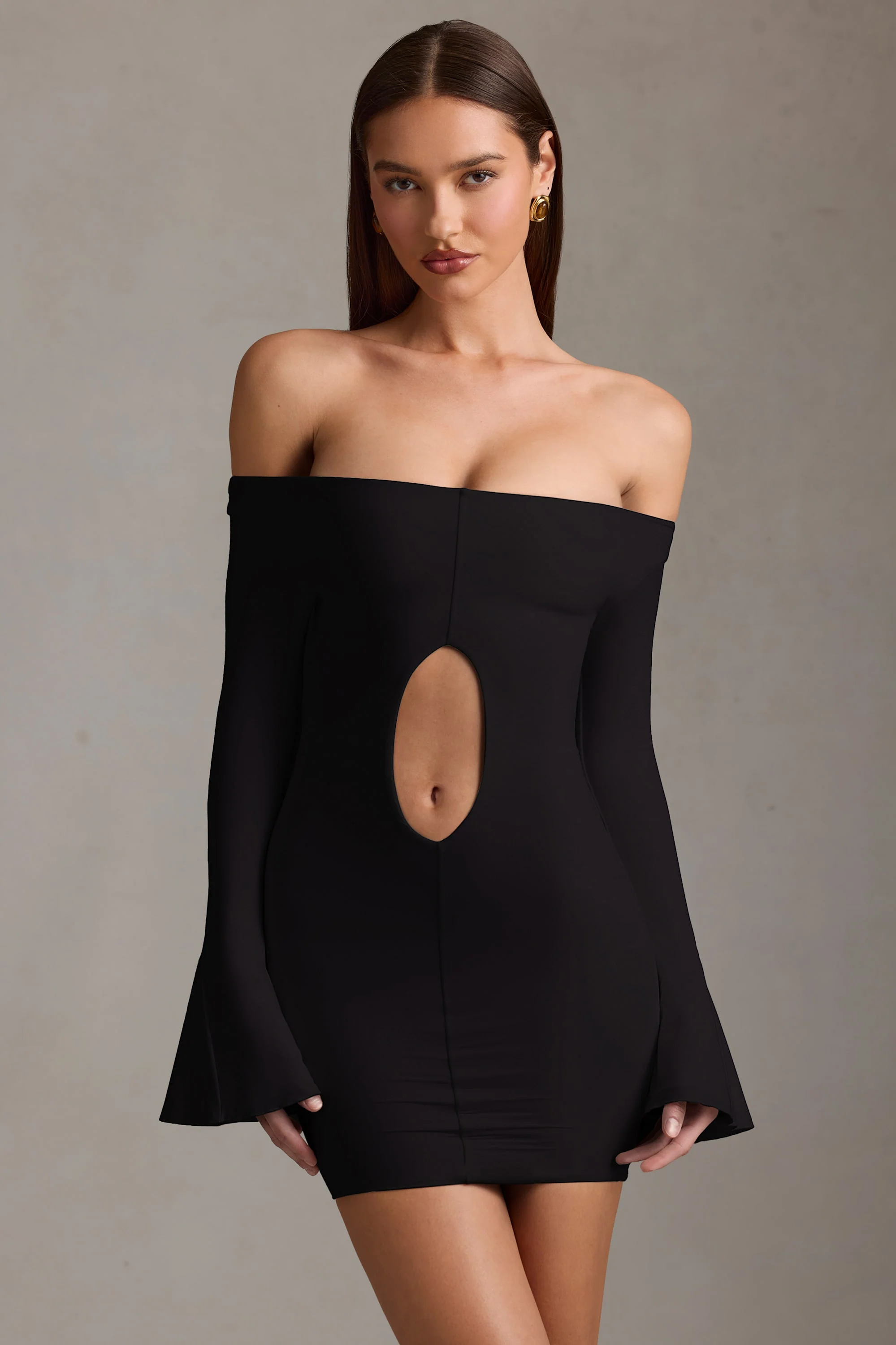 Off-Shoulder Cut-Out Mini Dress in Black - TREBLEV