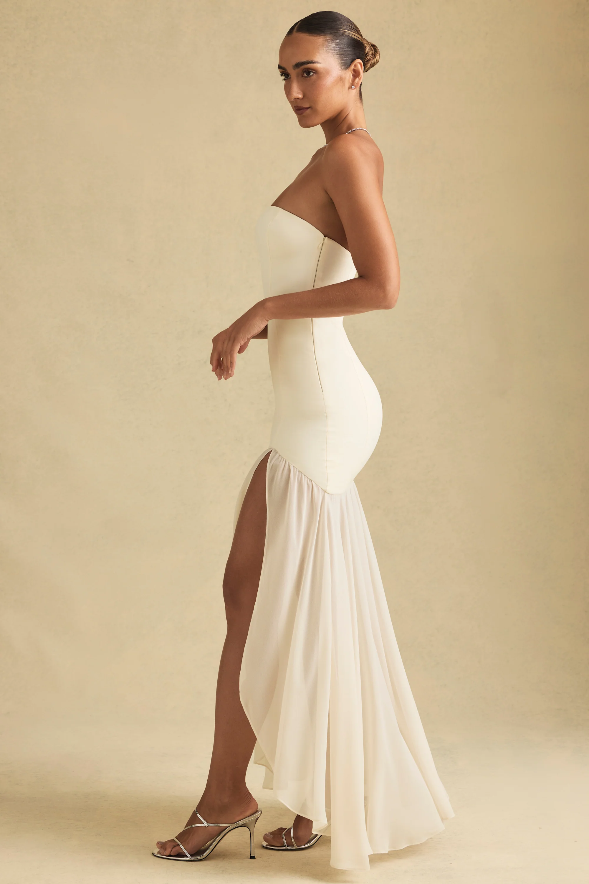 Asymmetric Strapless Fishtail Maxi Dress in Ivory - TREBLEV