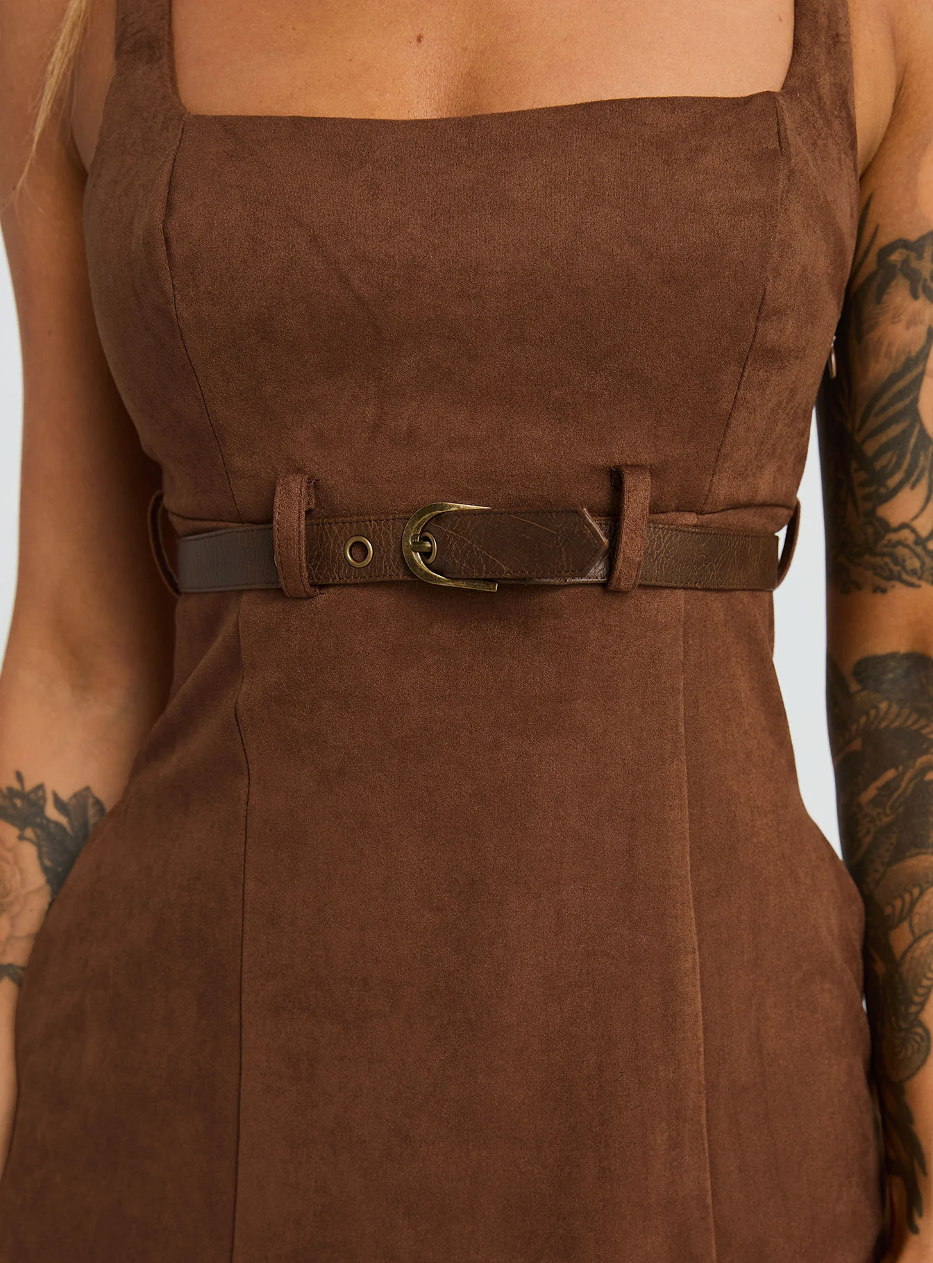 Way Back In Faux Suede Mini Dress Brown - TREBLEV