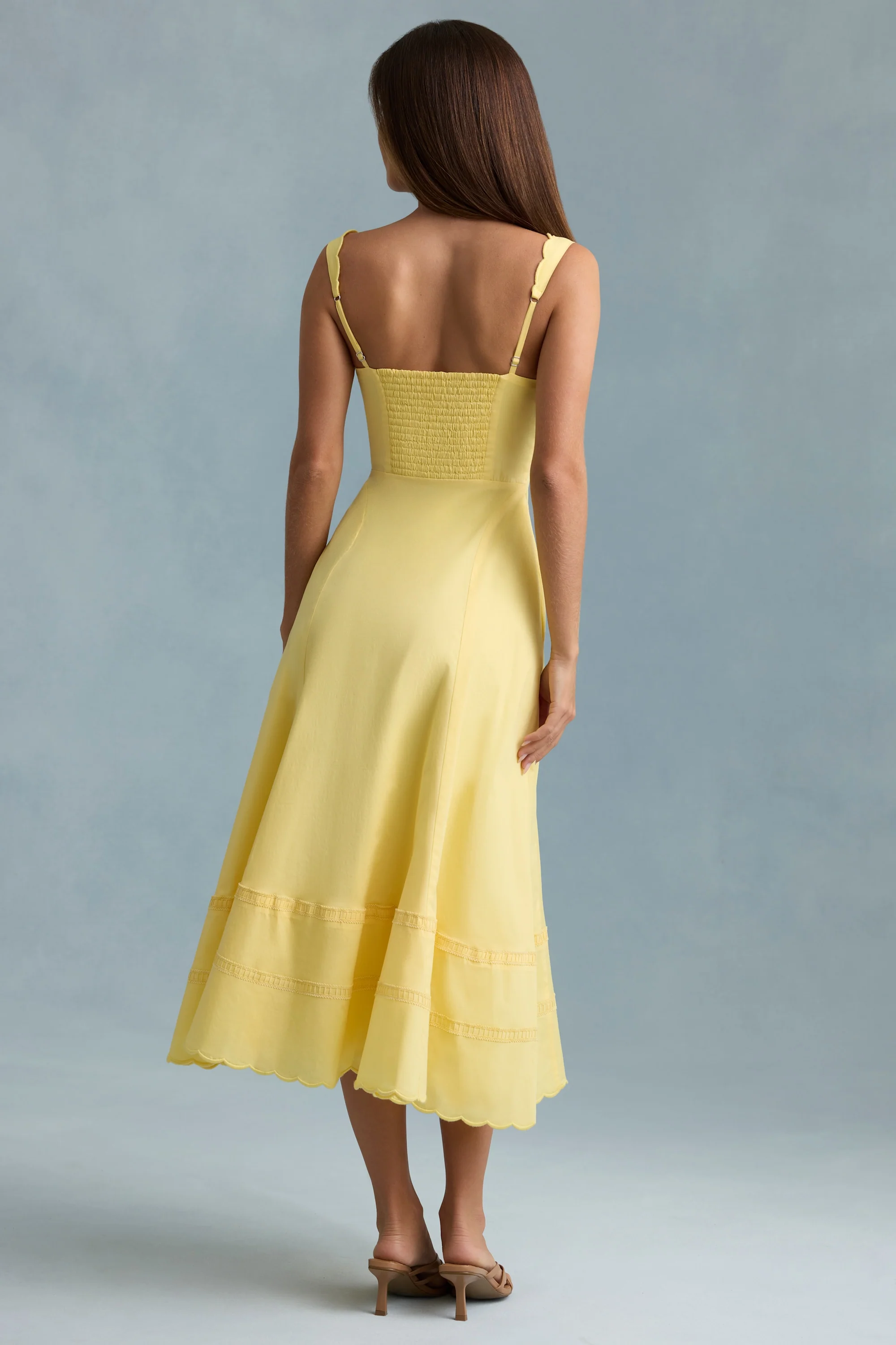 Cotton-Poplin A-Line Midaxi Dress in Pastel Yellow - TREBLEV