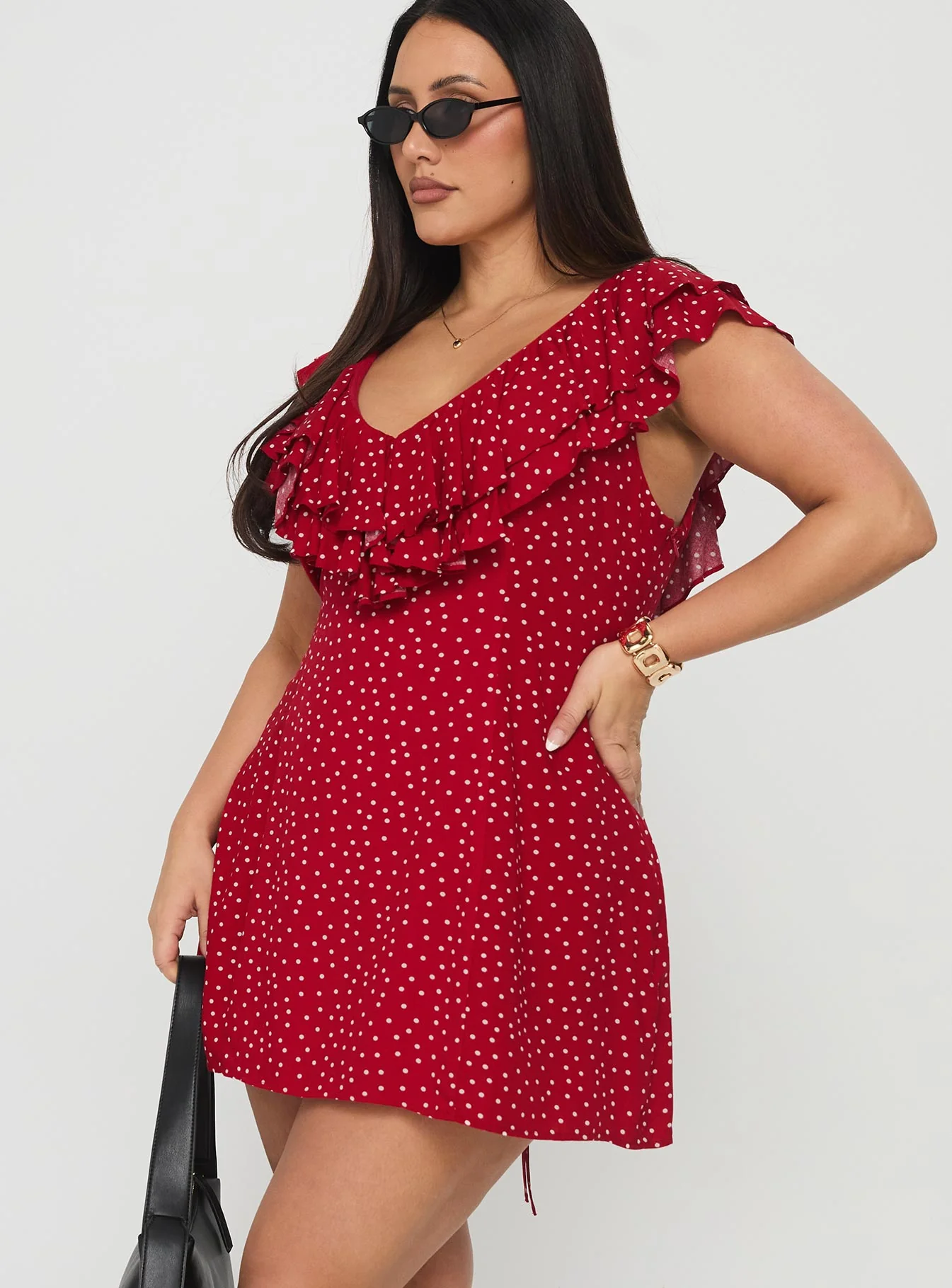 Cherry Schnapps Flutter Mini Dress Red Polka Curve - TREBLEV
