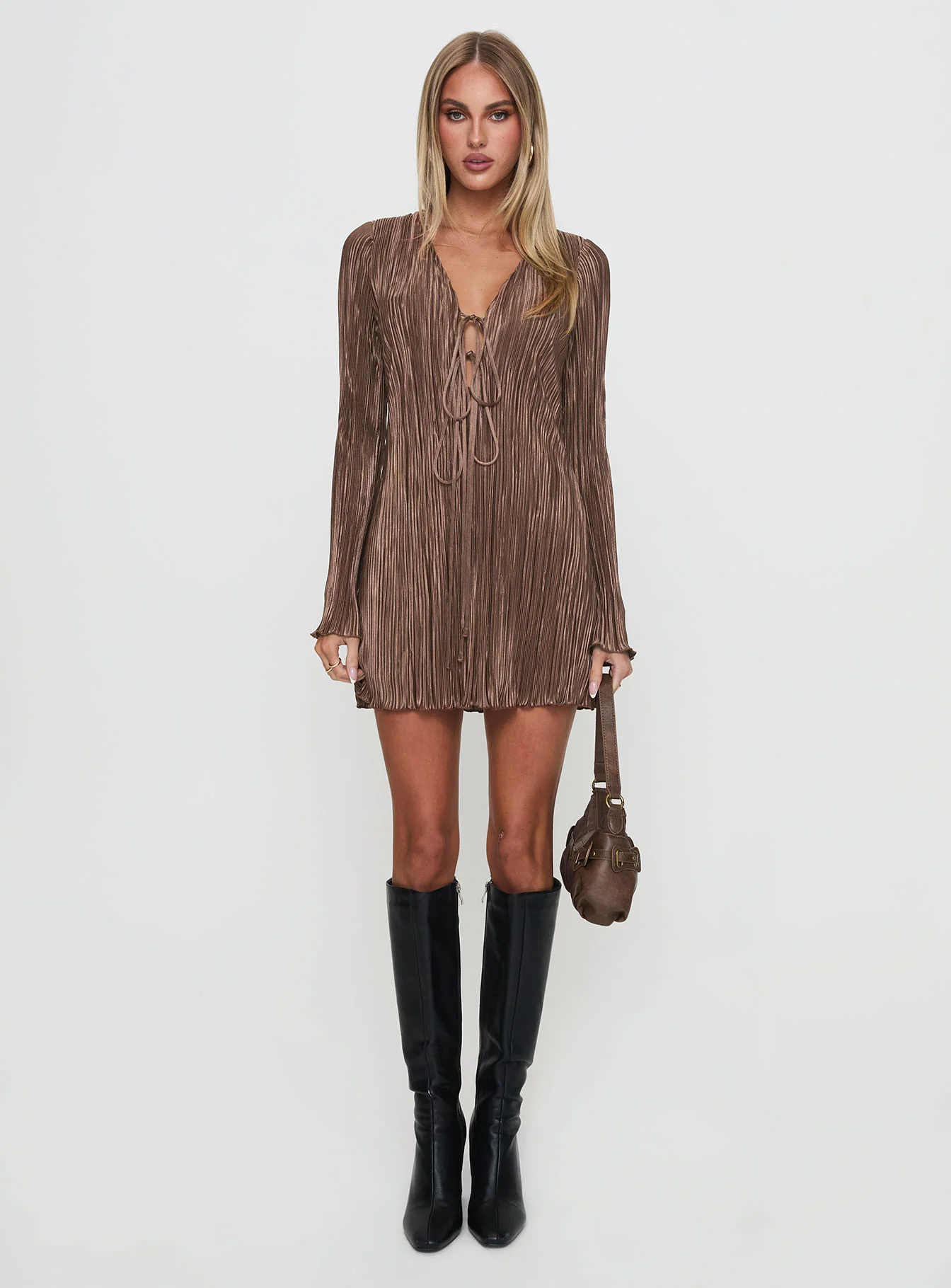 Malop Long Sleeve Mini Dress Chocolate - TREBLEV