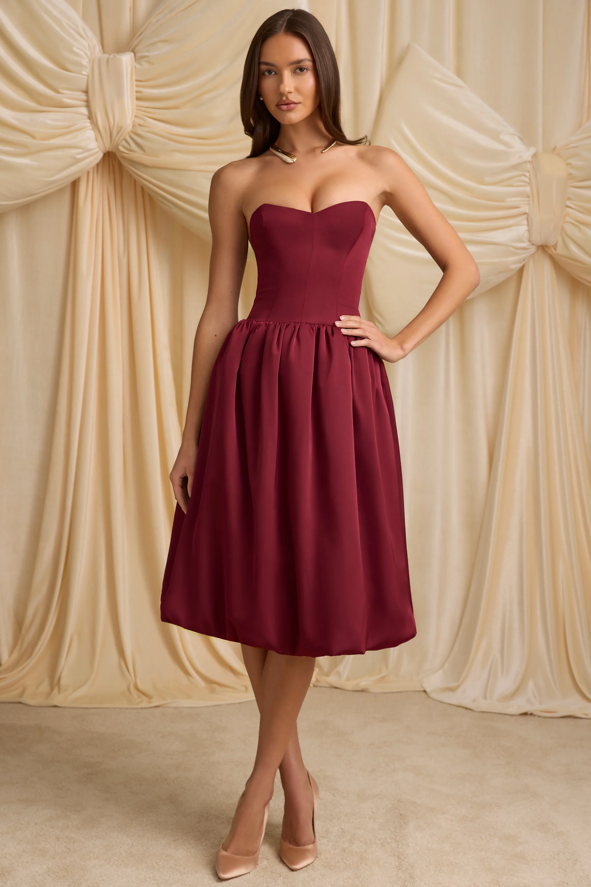 Convertible Bow-Detail Bubble Hem Midaxi Dress in Wine Red - TREBLEV