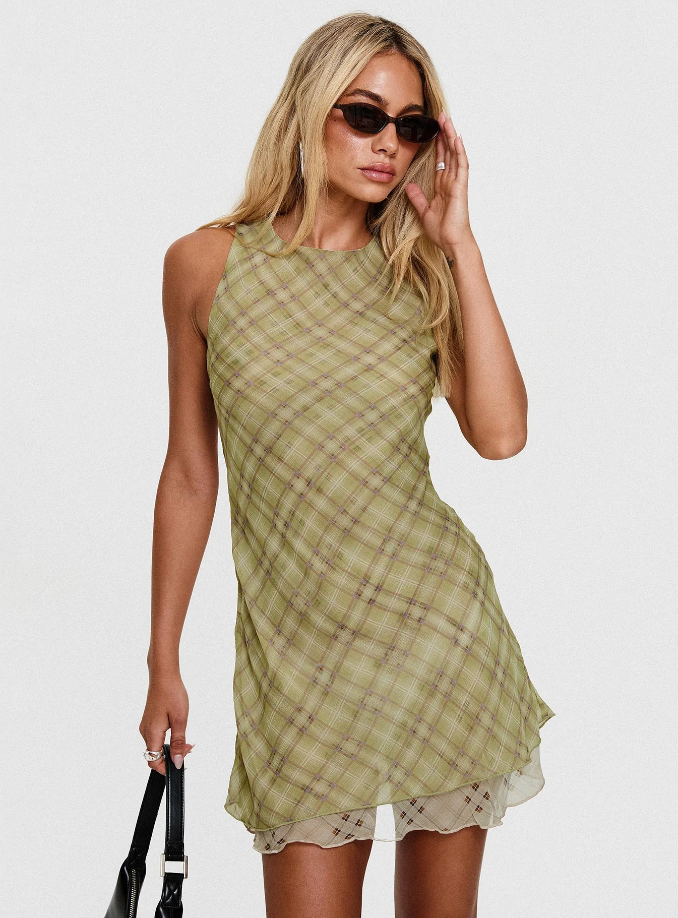 Buffie Shoulder Mini Dress Green Check - TREBLEV