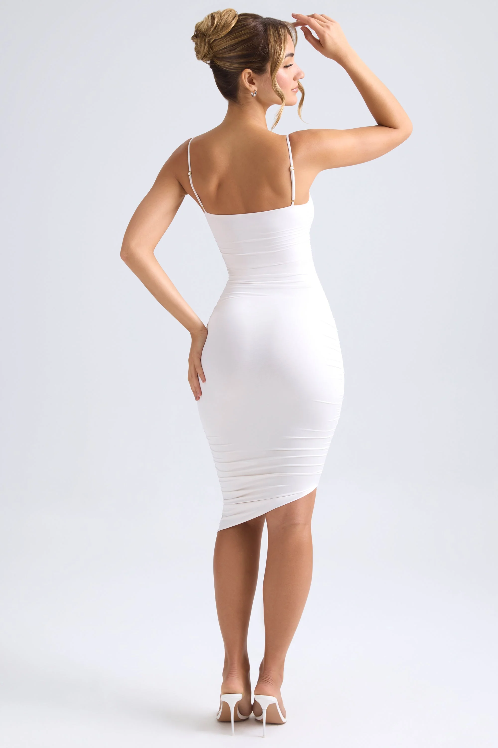 Asymmetric Ruched Midi Dress in Ivory - TREBLEV