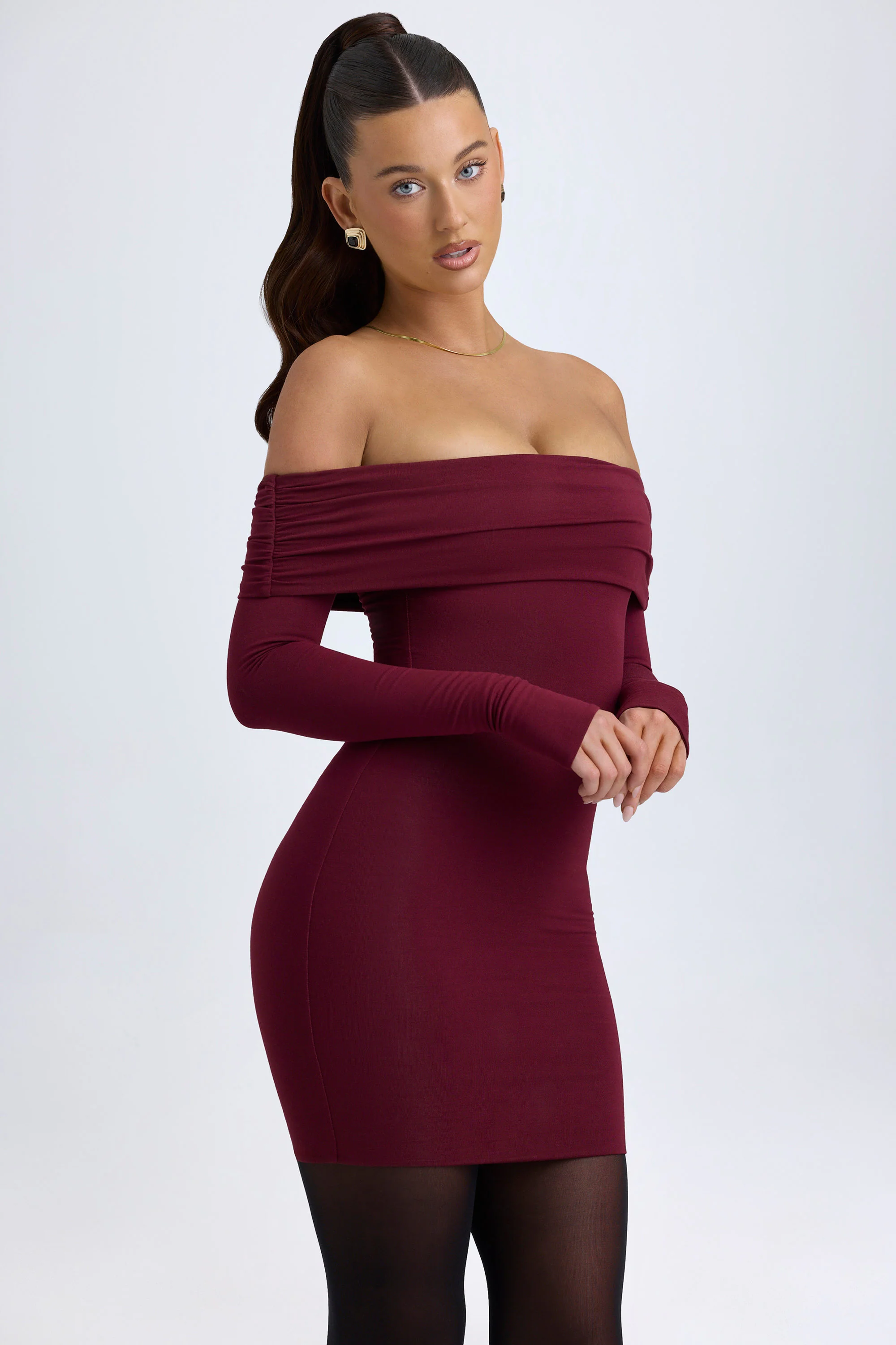 Modal Off-Shoulder Mini Dress in Wine Red - TREBLEV