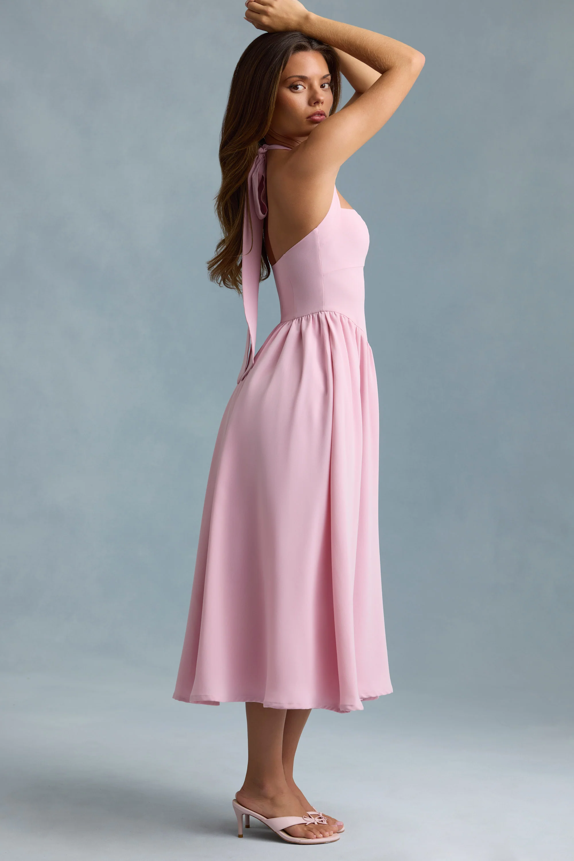 Button-Detail Halterneck Midaxi Dress in Soft Pink - TREBLEV