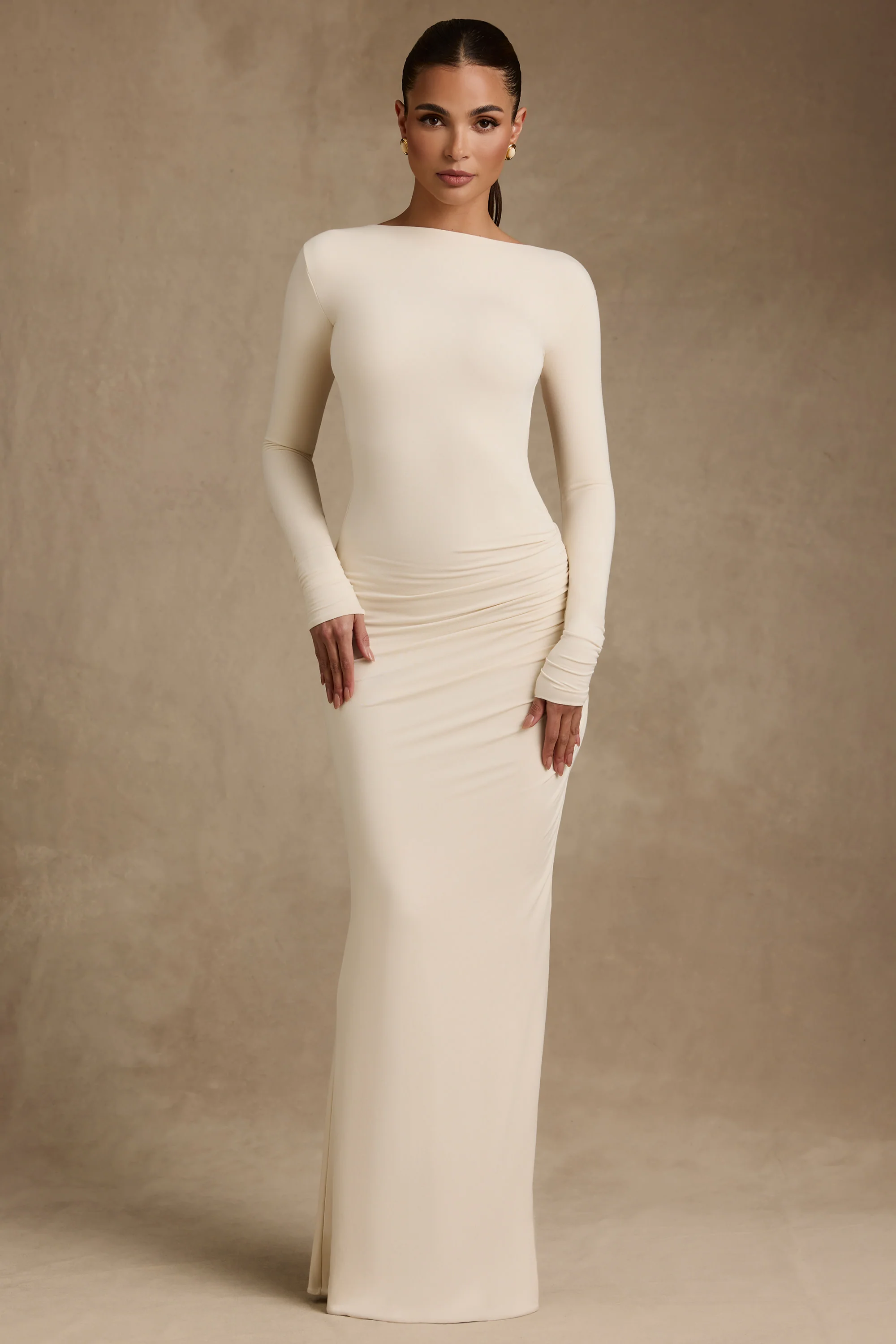 Modal Ruched Backless Maxi Dress in Ivory - TREBLEV