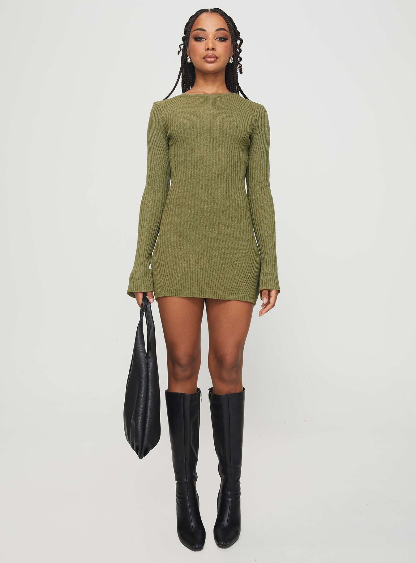 Osment Long Sleeve Knit Mini Dress Olive - TREBLEV